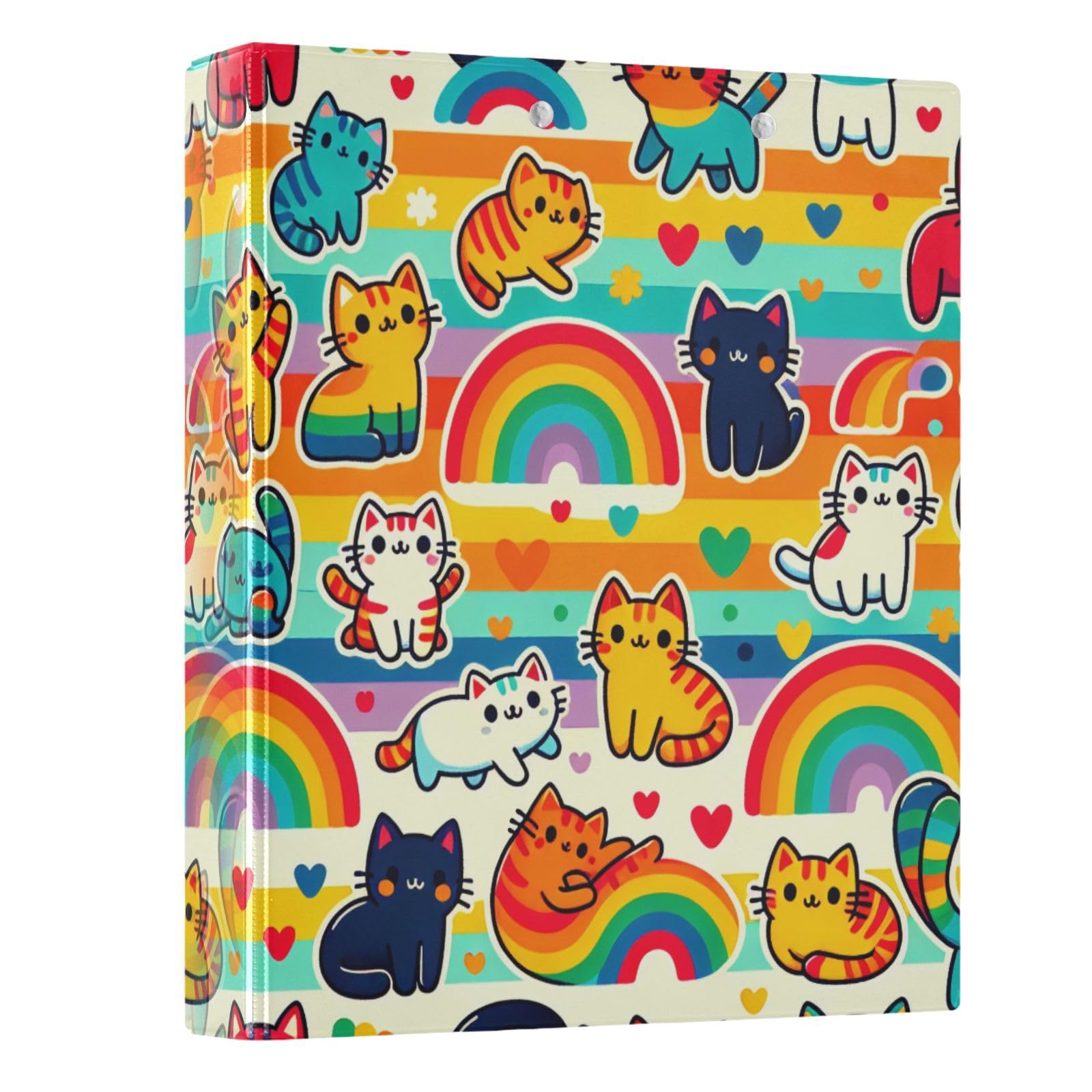YANENDIE Cute Rainbow Cats 3 Ring Binder, 1.5 Inch Round Rings to Hold 200 Sheets, Heavy Duty 3 Ring Binder with Clipboard for Home Office Supplies