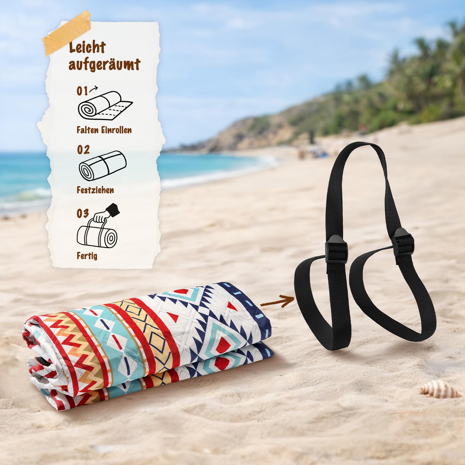 Siegvoll Picknickdecke 200x200cm XXL, wasserdichte sandfreie Stranddecke, 3-lagig gepolsterte isolierte Campingdecke, Strandmatte für Outdoor, Boho-Stil, waschbar faltbar