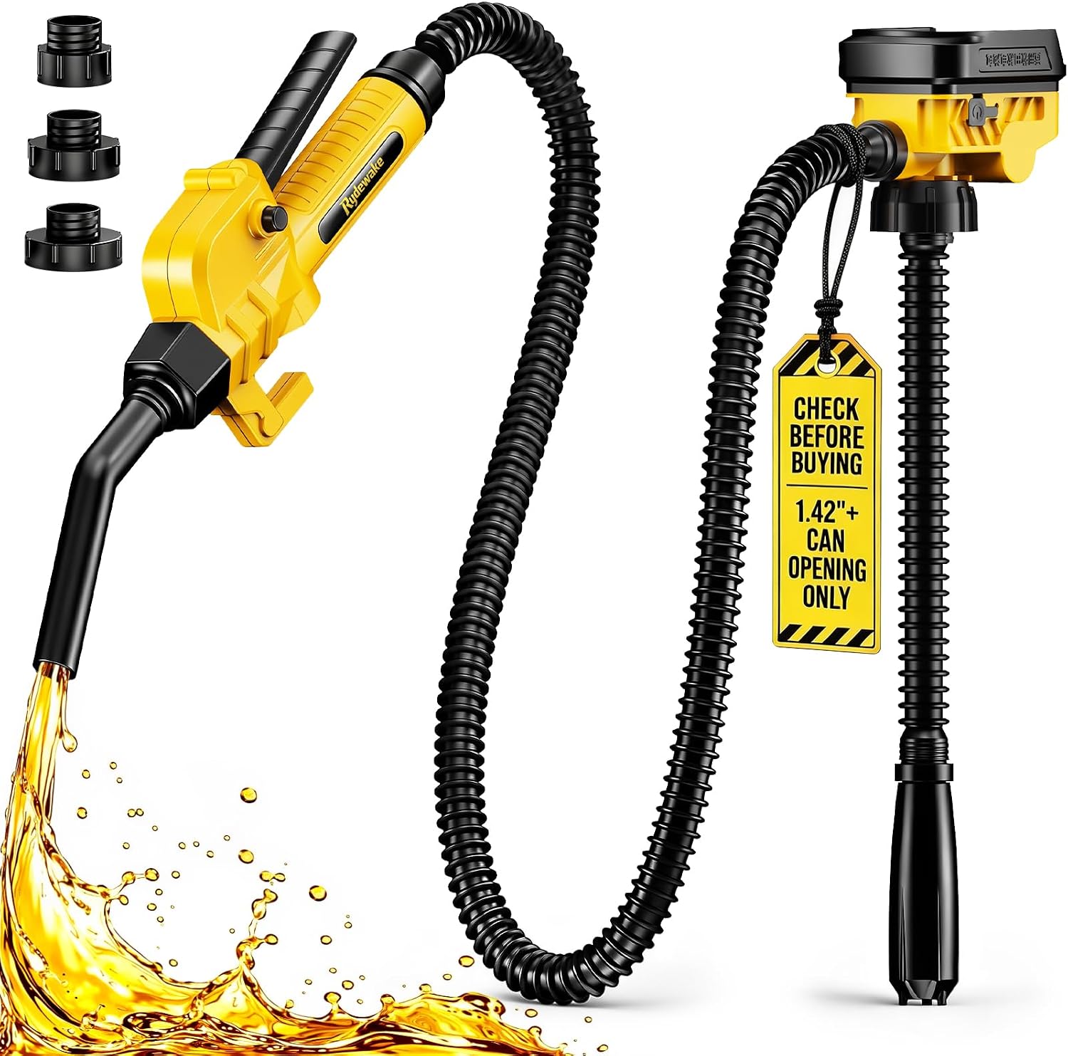 Fuel Transfer Pump for DeWalt 20V Batteries, Cordless 3.7 GPM Flow | Gas Can Pump Kit with Locking Nozzle, 3 Adapters for Gasoline, Diesel, Kerosene & Light Oil, Battery Not Included