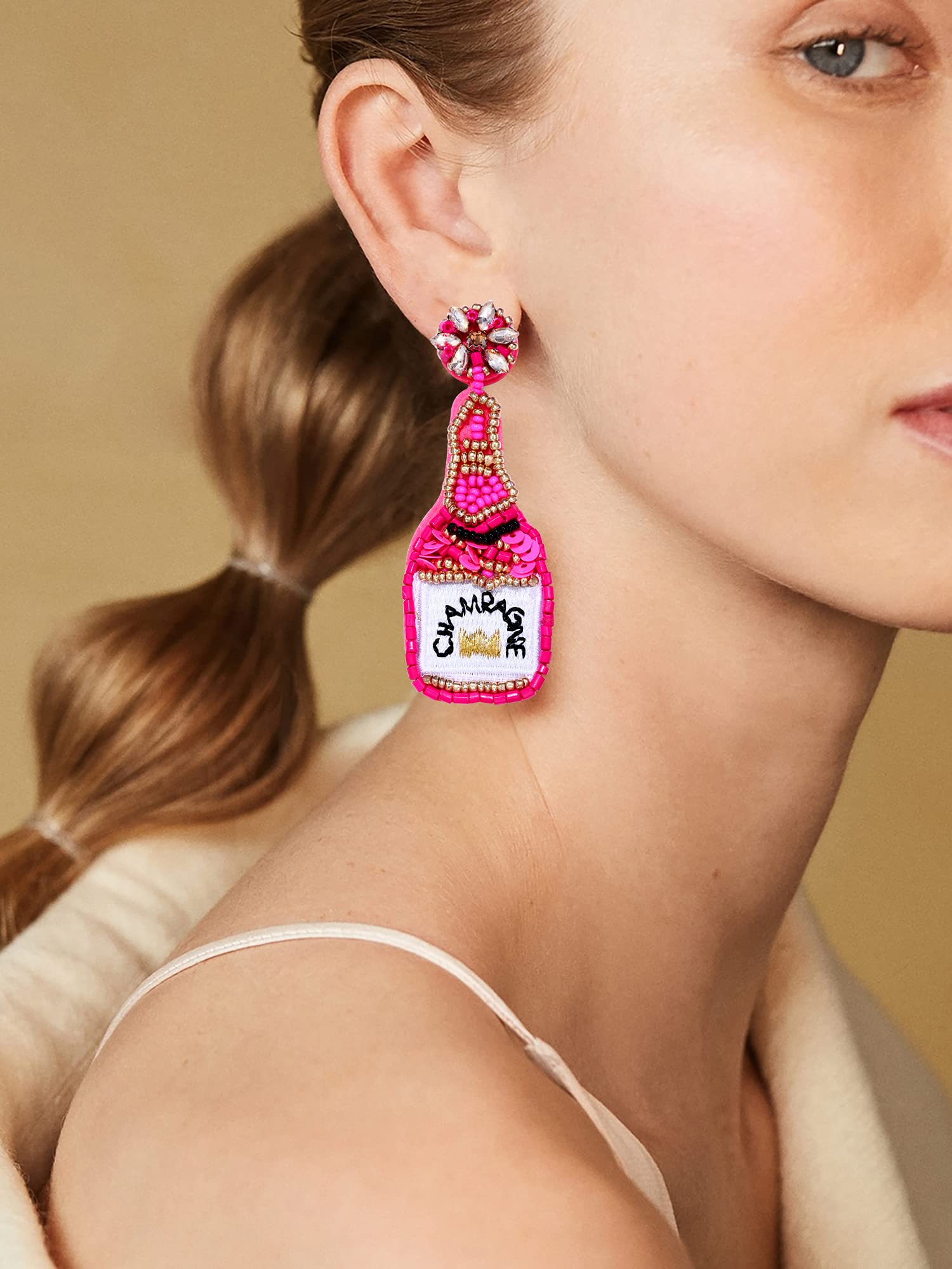 HZEYN Beaded Earrings Champagne Bottle Drop Dangle Earrings Handmade Champagne Earrings Fashion Jewelry