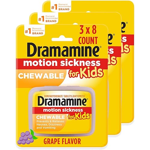 Dramamine Kids Chewable, Motion Sickness Relief, Grape Flavor, 8 Count, 3 Pack