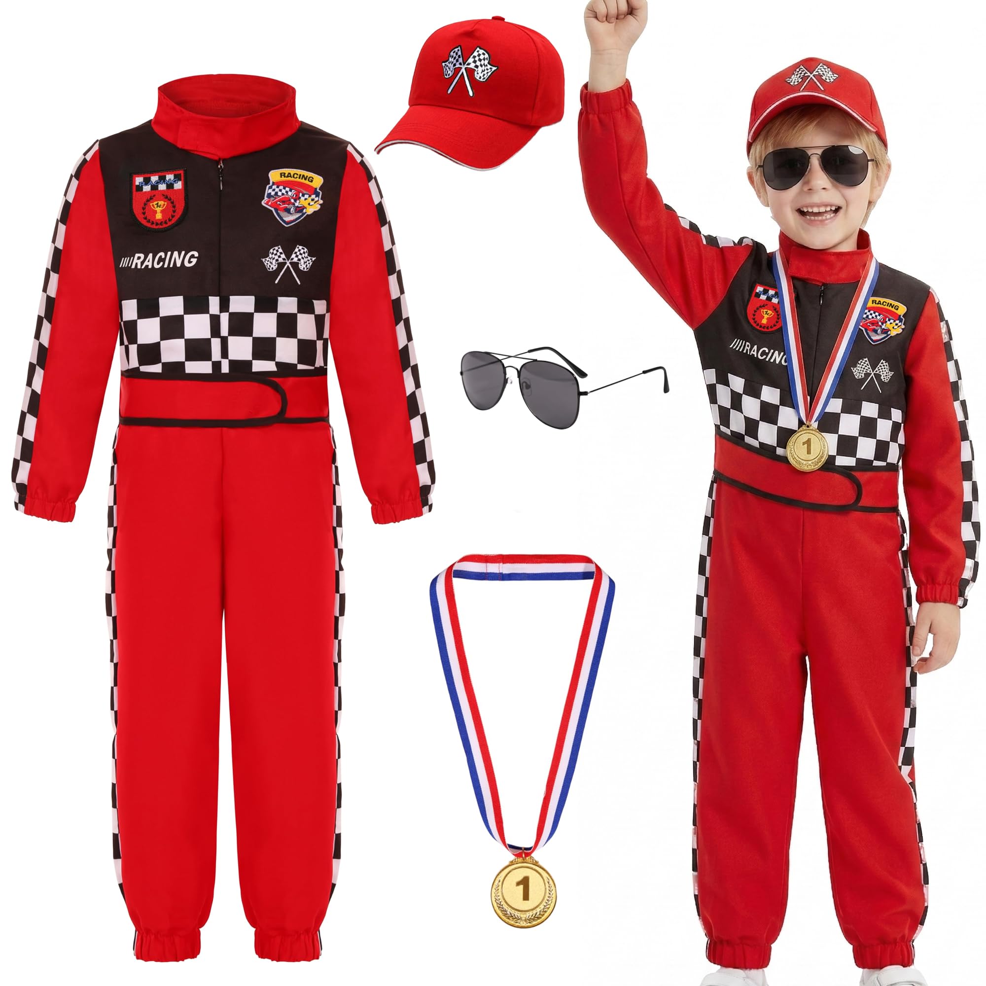 Race Car Driver Costume for Boys Racer Jumpsuit with Car Cap for Halloween Dress Up