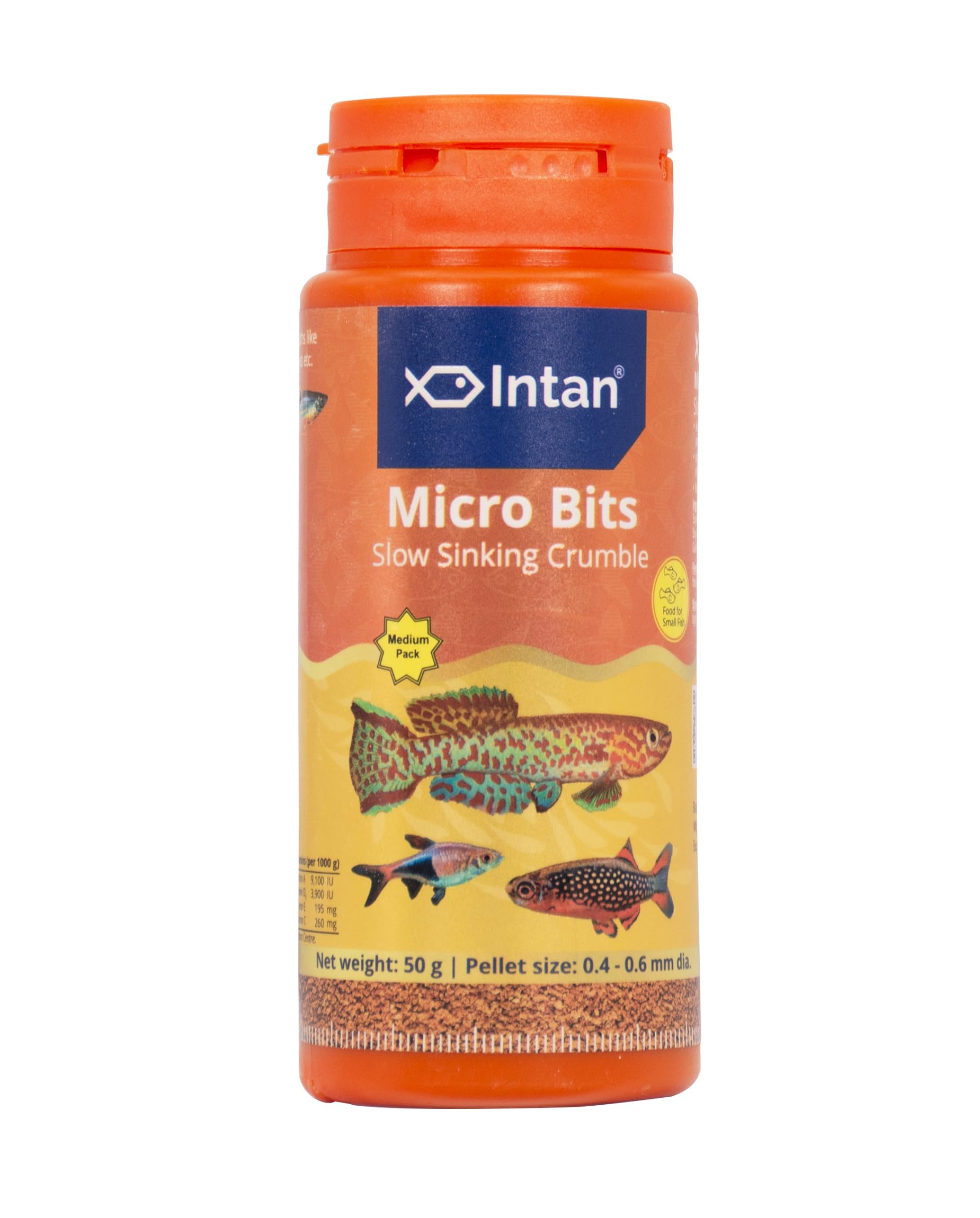 Intan Micro Bits (0.4-0.6mm Slow Sinking Crumble) | 50gm - Highly Nutritious Ornamental Fish Food for Small Mouths - Killifish, Tetras, Rasboras & Danios | Growel Feeds