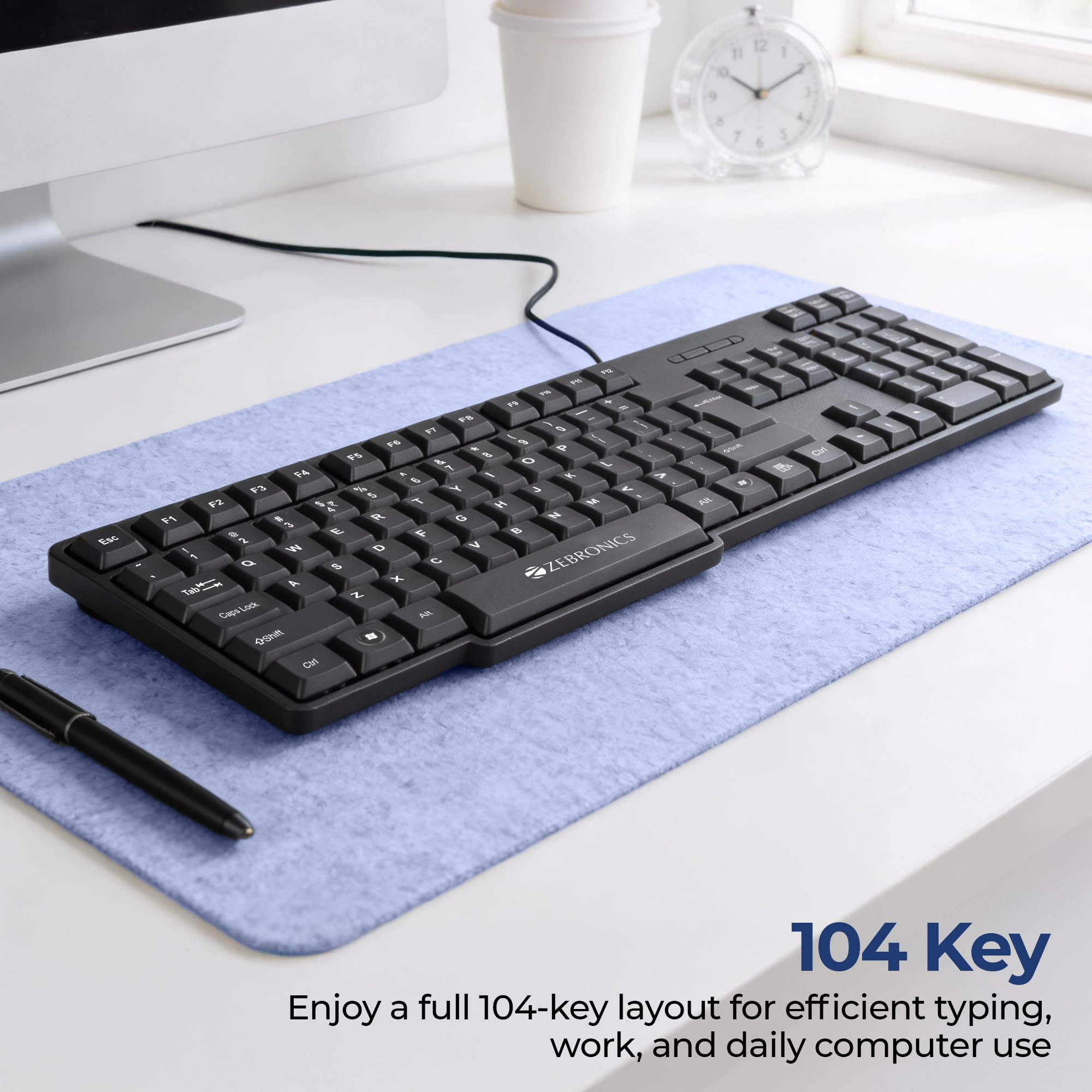 Zebronics Wired Keyboard with 104 Keys, 1.2m Cable, ₹ Key, , UV-Coated Keys, Retractable Stand, USB Nano Receiver, for PC, Laptop(K65, Black) — Amazon image 2