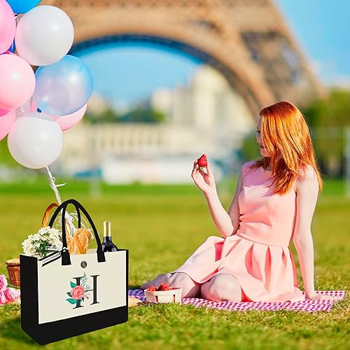 Miniatura 170 de Initial Canvas Tote Bag, Personalized Birthday Gifts for Women Mom Friends Teachers, Monogrammed Tote Bags Suitable for Mother's Day Wedding Beach