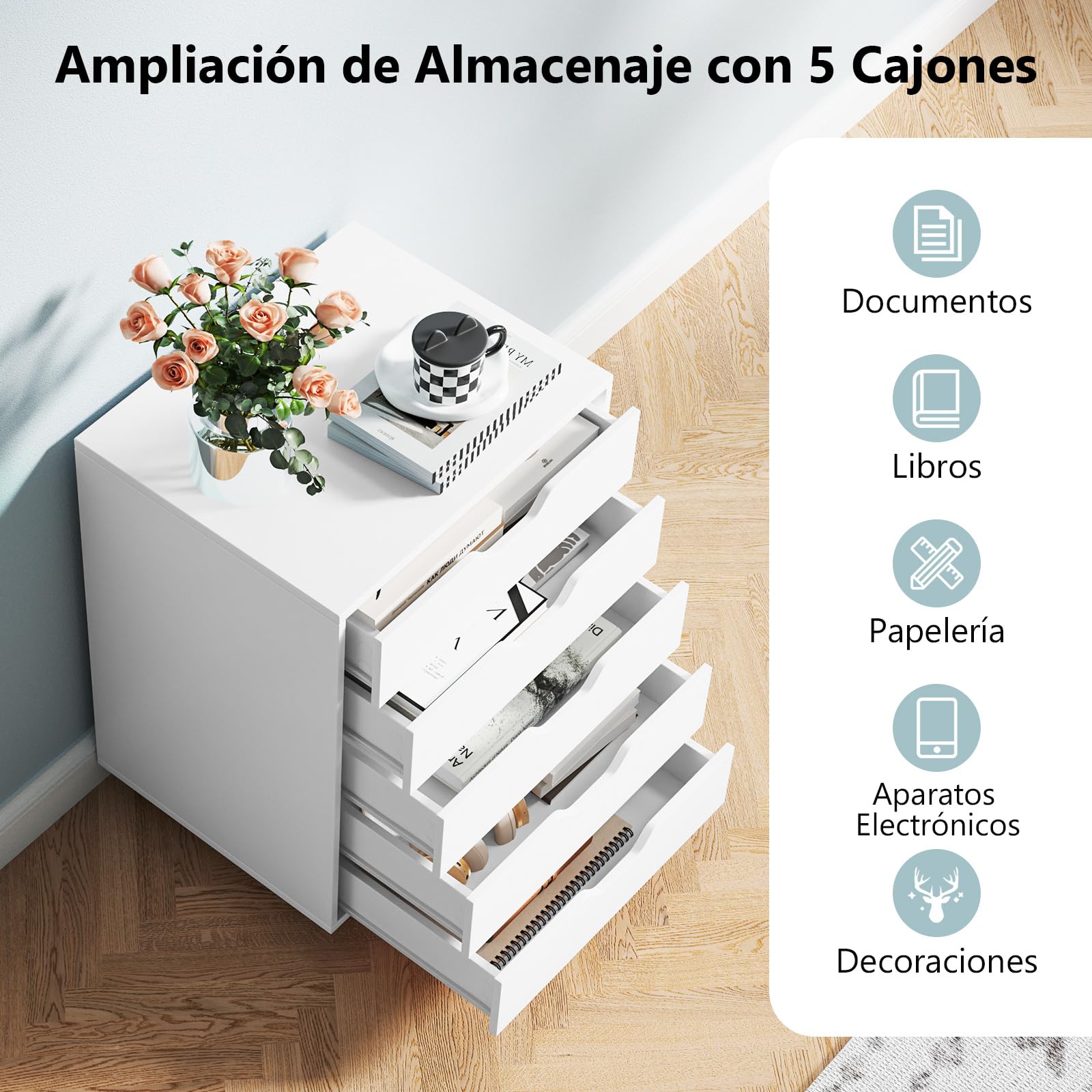 COSTWAY Cajonera de Oficina con 5 Cajones, Mueble Archivador con Ruedas, Soporte para Impresora, Archivador para Carta/A4/F4, Armario de Almacenamiento Multifuncional para Casa Oficina (Blanco)