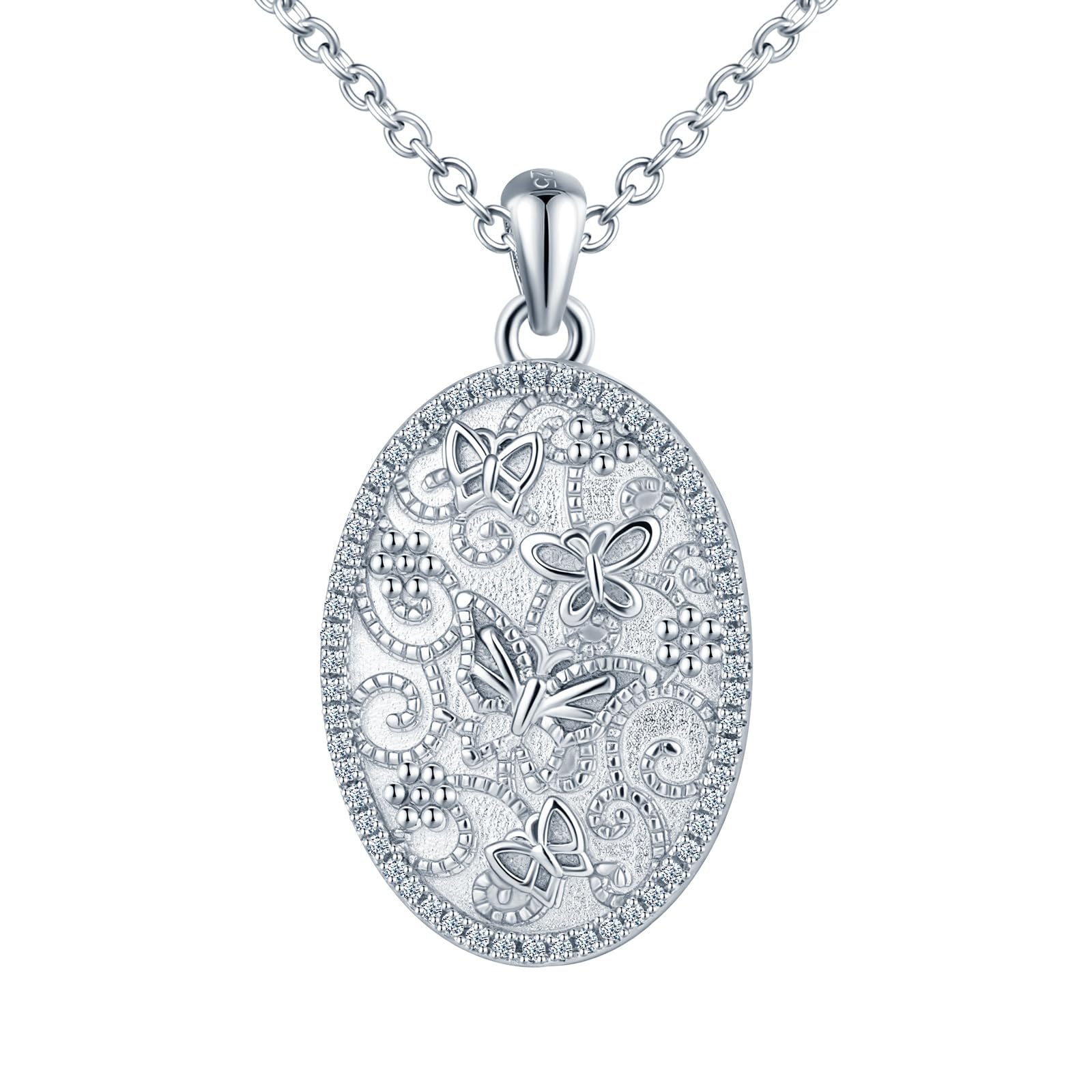 Damen Foto Medaillon Halskette 925 Sterling Silber Kette Elliptische Schmetterlinge Muster Anhänger