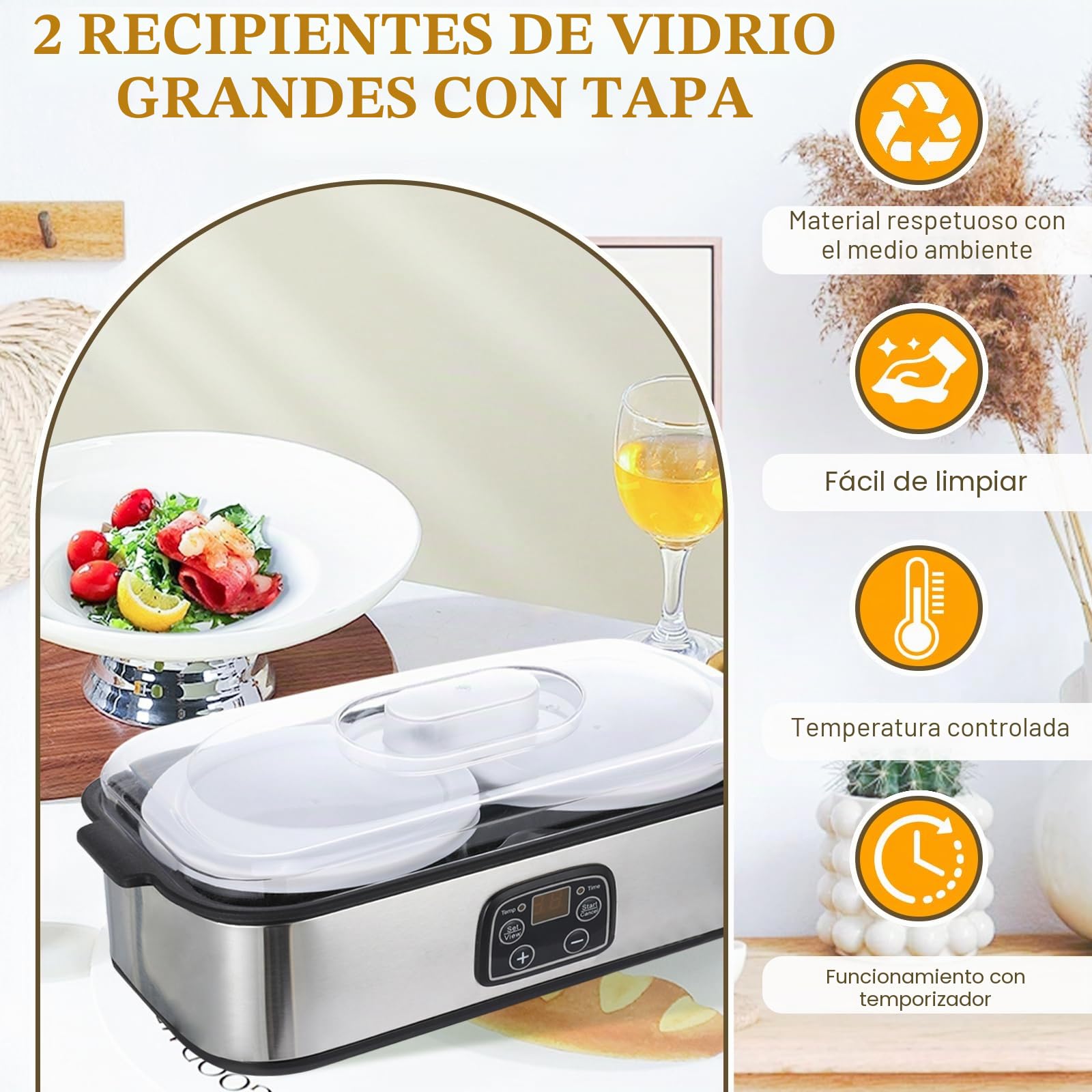 Yogurtera de 2 litros, máquina de yogur con 2 vasos, yogurtera con control de temperatura y tiempo, máquina de yogur griega automática multifuncional, enchufe de la UE 220 V