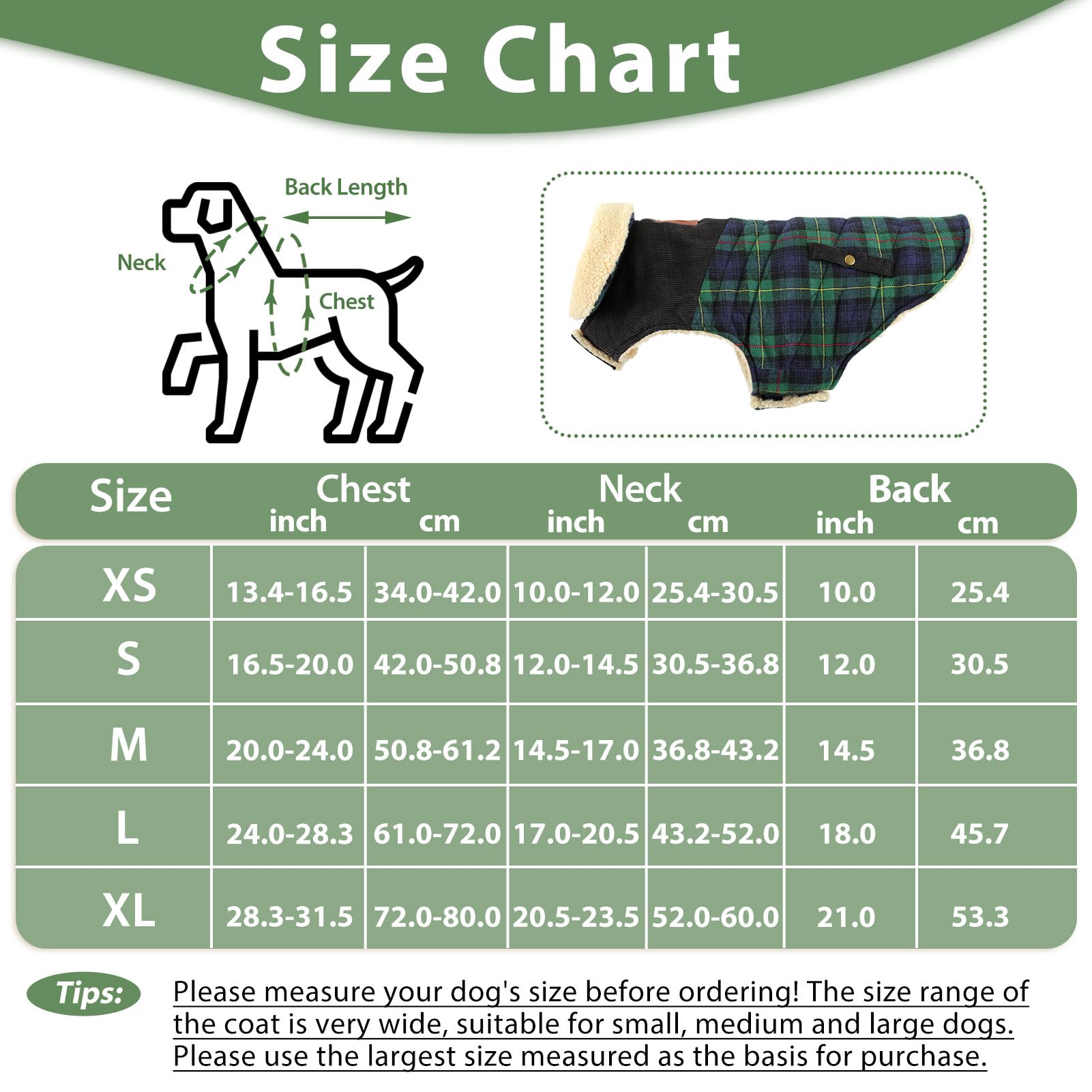 CITÉTOILE Caldo Cappotto Cane Plaid Classico, Cappotto per Cani Fodera in Pile, Giubbotto Caldo per Cani di Taglia Piccola/Media, Giacca Gilet Invernale per Cani con Foro per Imbracatura, Verde, M