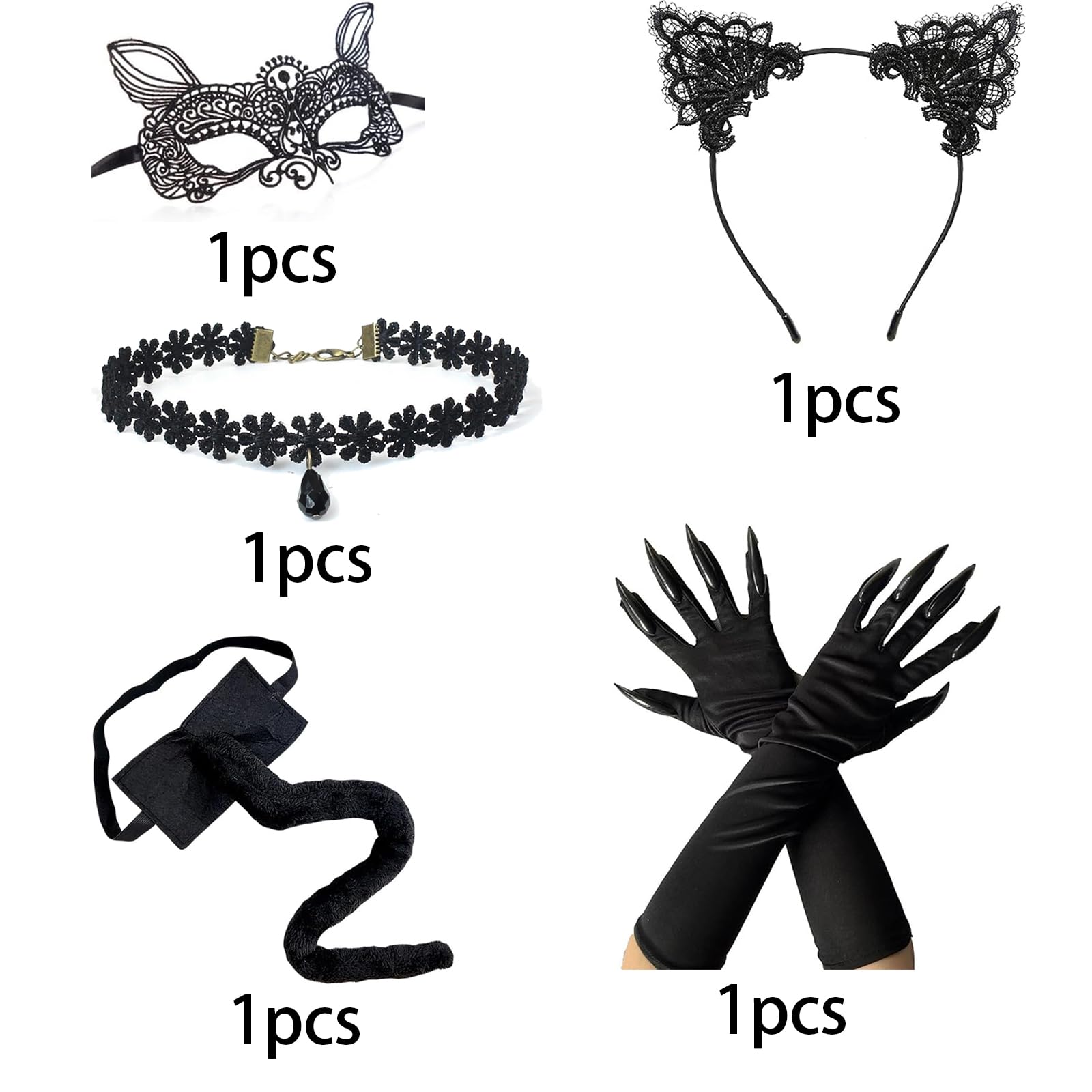 5 pcs Halloween Costume Black Cat women Accessories Set Includes Lace Cat Ear Mask, Lace Ear Headband, Gothic Choker - Image 2