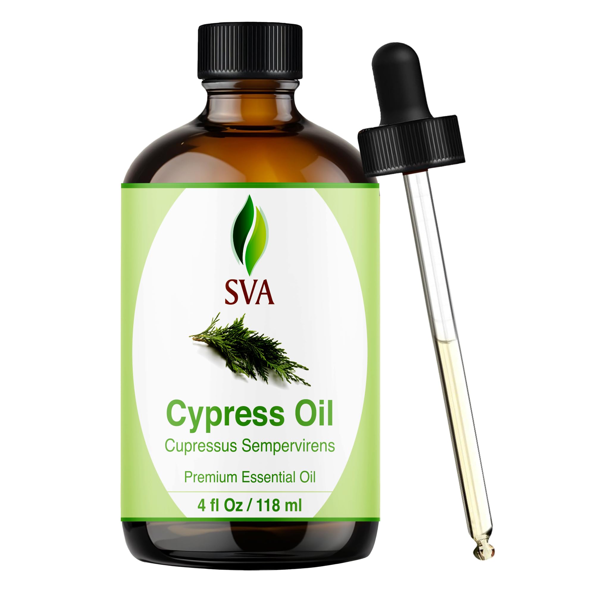 SVA Organics Cypress Essential Oil with Dropper- 118 ml (4 fl oz) 100% Pure, Natural and Therapeutic Grade For Healthy Skin, Hair Growth, Scent, Aromatherapy & Diffuser