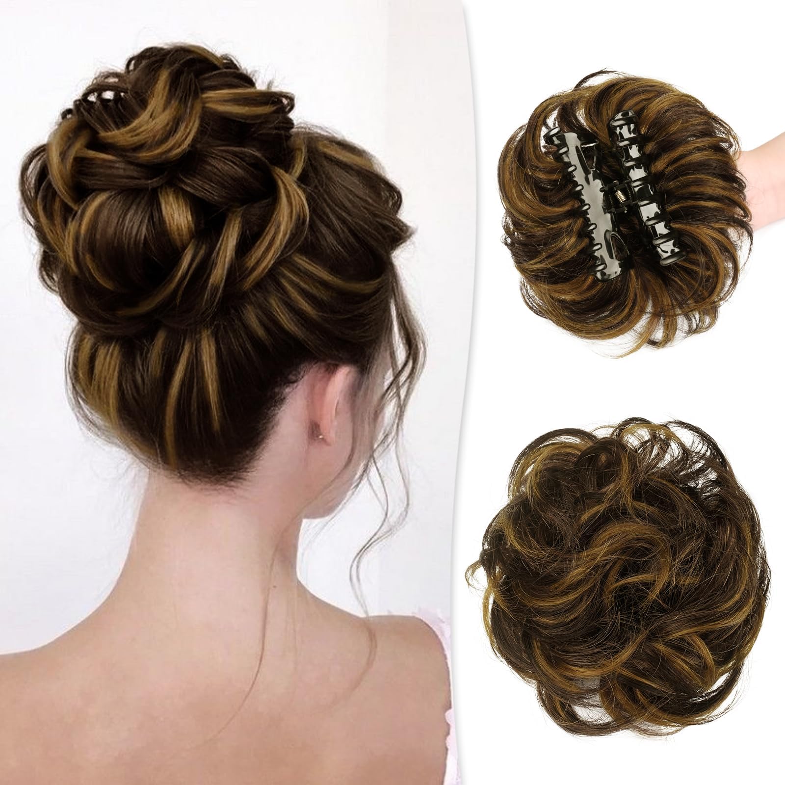 RUWISS Claw Clip Messy Bun Hair Piece Real Human Hair Buns Wavy Curly Chignon Hair