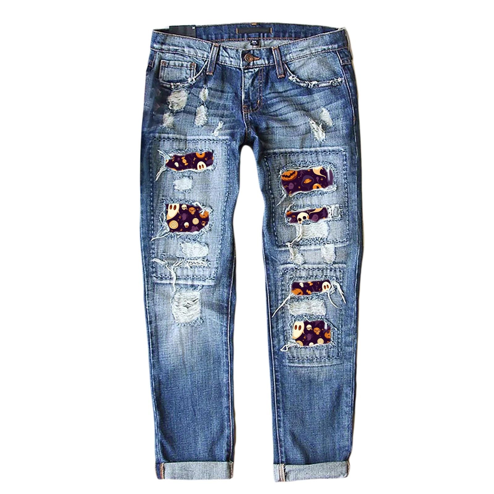 Generico Jeans Skinny Strappati di Halloween per Pantaloni Boyfriend in Denim con Toppe a Quadri e Design Senza Strappi