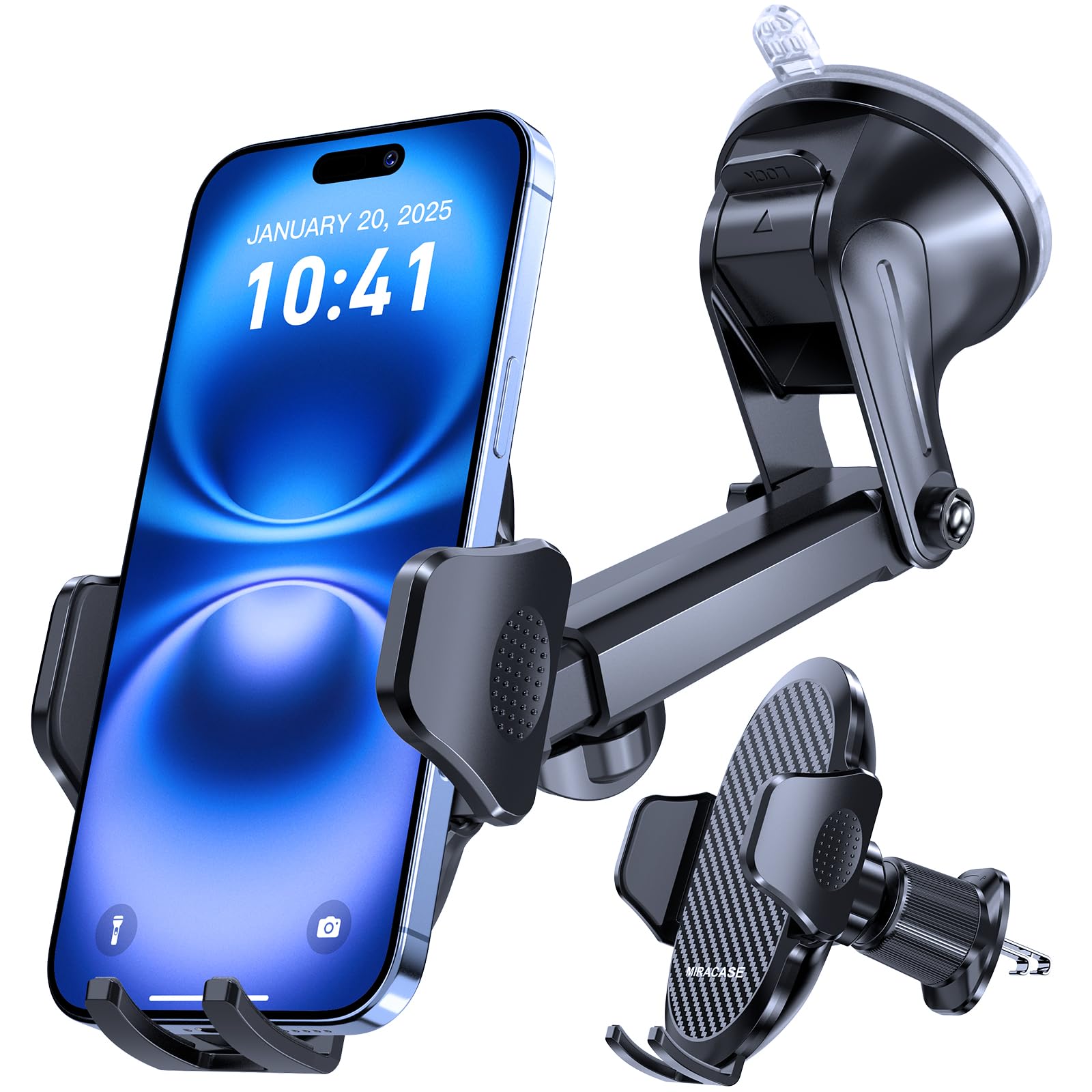 Miracase 2026 Handyhalterung Auto【Upgrade Doppelhaken & Rüttelfester Saugnapf】 4 in 1 Handy Halterung Auto 360° Drehbar Stabiler Handyhalter Auto auf Lüftung Scheibe für iPhone Samsung Smartphone
