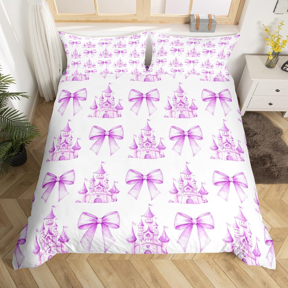 Cartoon Bowknot Kids Duvet Cover Set Double Size,Tale Castle Princess Style Toddler Bedding Set,Girls Women Room Decor,Bow Tie Butterfly Knot Purple Romantic Quilt Cover,2 Pillowcases(No Comforter) โ image 1
