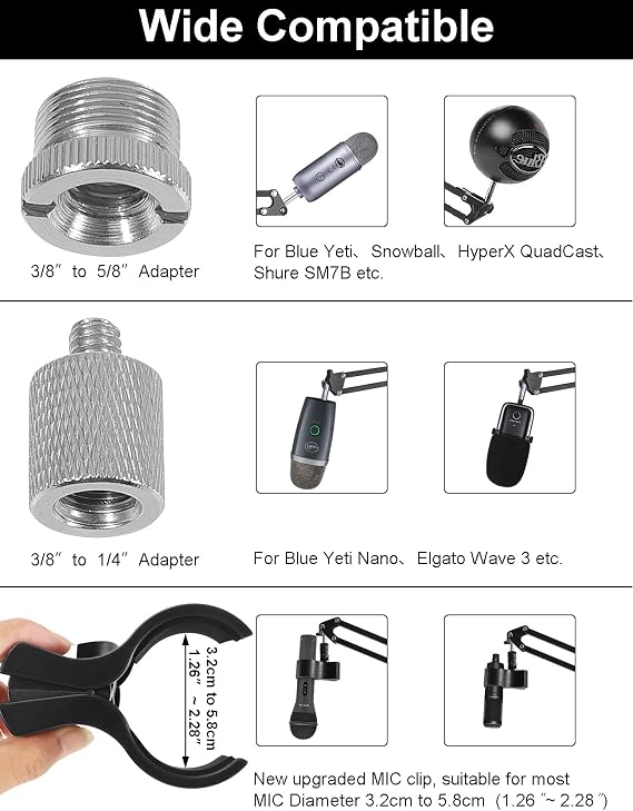 Boom Arm Mic Stand for Blue Yeti, HyperX Quadcast, Nano, Snowball, Elgato Wave, Fifine K688 and Other Mic, Adjustable Microphone Arm Stand with 3/8 to 5/8 1/4 Screw, Pop Filter Mic Clip Cable Ties
