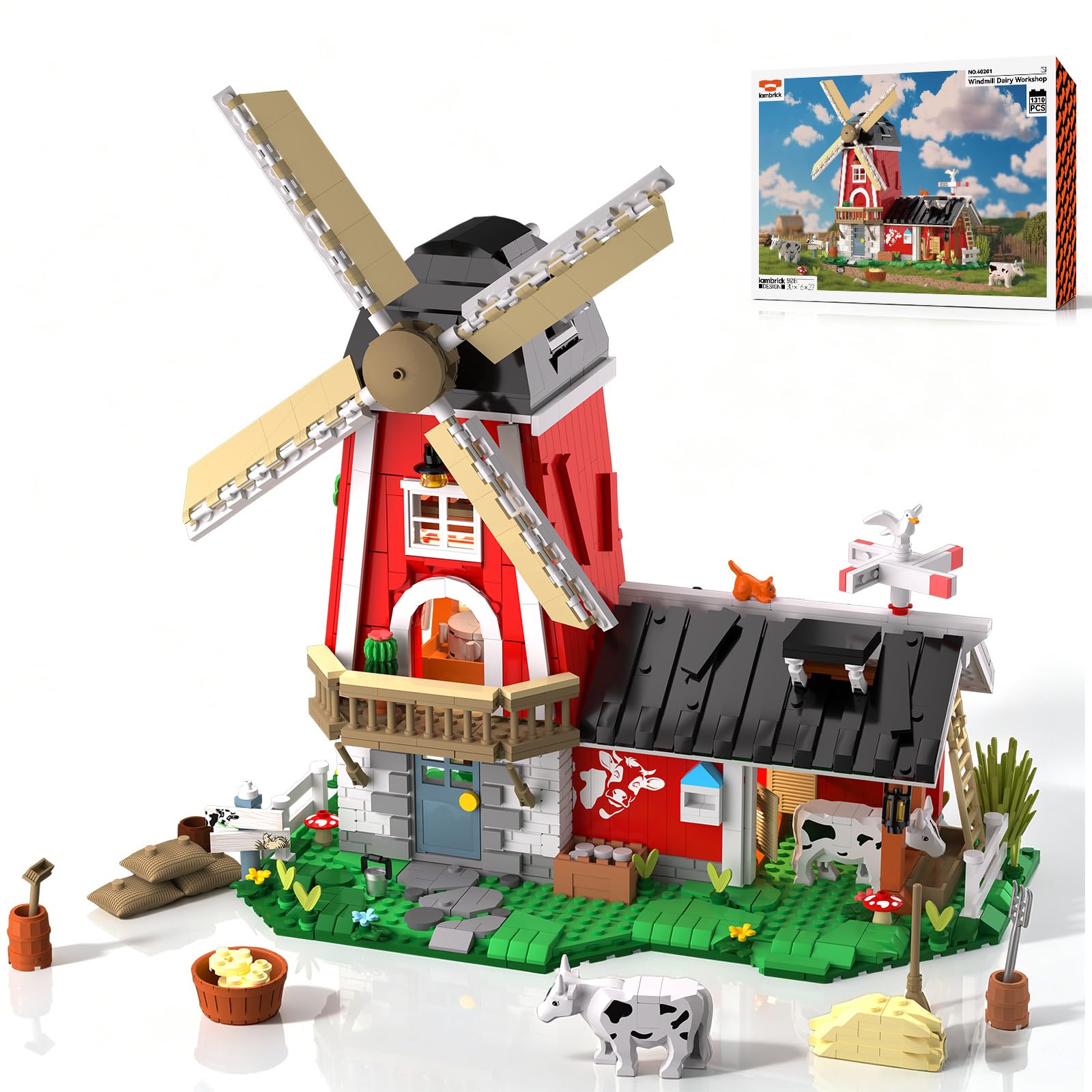 iambrick Rotate Windmill Farm Building Set with Light for Adults 1310 PCS