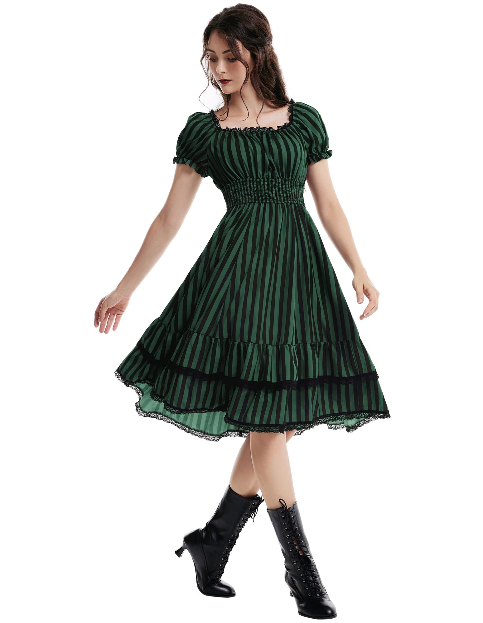 SCARLET DARKNESS Gothic Pirate Corset Dress for Women Summer Vintage Square Neck Renaissance Dresses: Medium Green Black Stripe