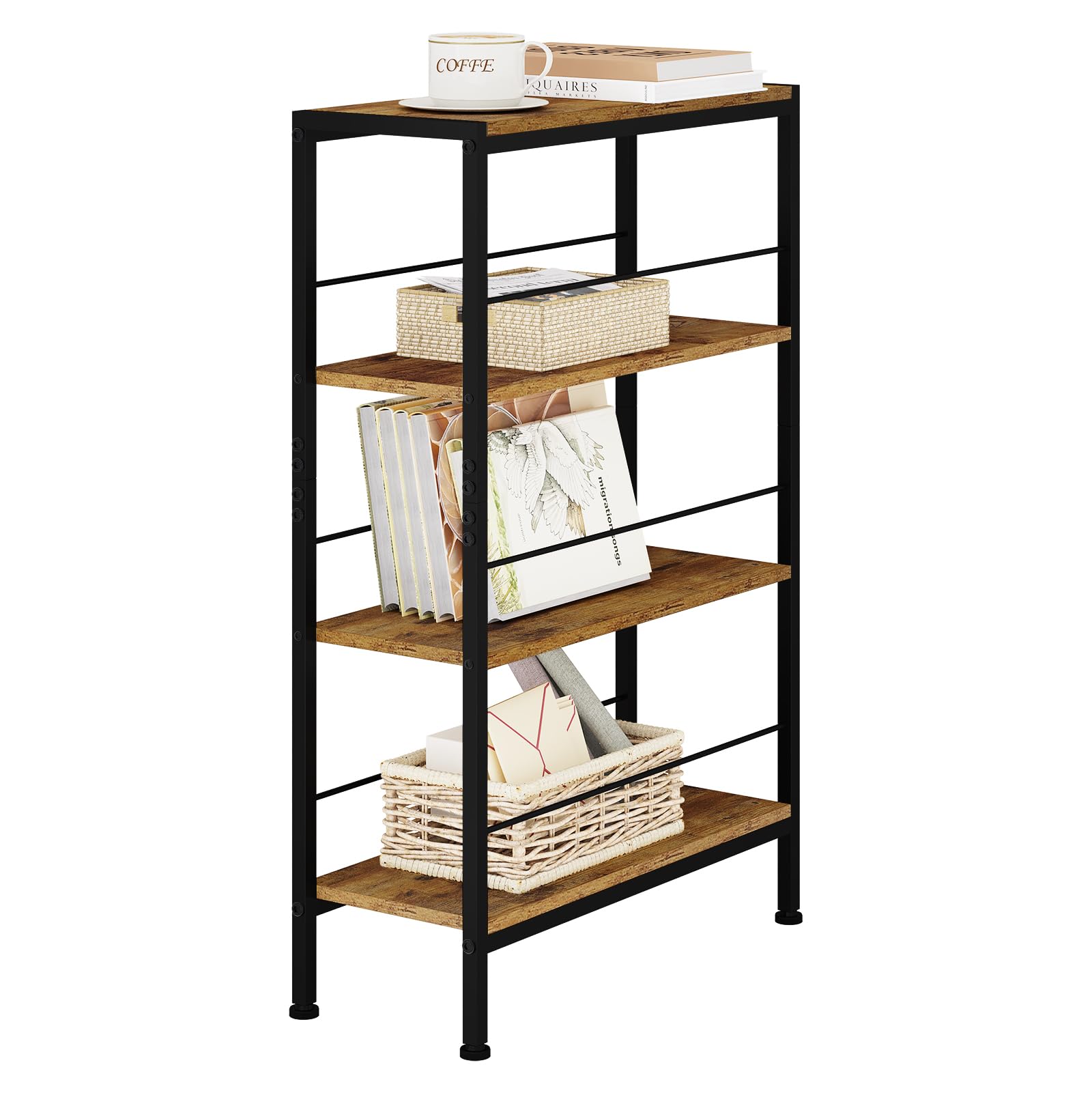 WOLTU Regal, Nischenregal mit 4 Ebenen, Küchenregal Gewürzregal stehend, Standregal Leiterregal schmal, für Küche Wohnzimmer, Holzwerkstoff Metall