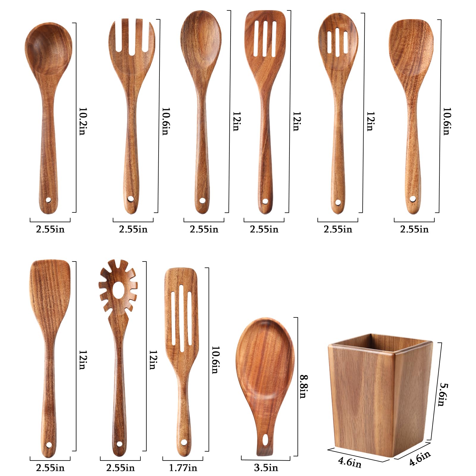 Holzlöffel zum Kochen, 11-teiliges Holz-Kochutensilien-Set mit Halter, Küchenhelfer aus natürlichem Akazienholz, antihaftbeschichtet, leicht zu reinigen, Küchenutensilien-Set für Mutter