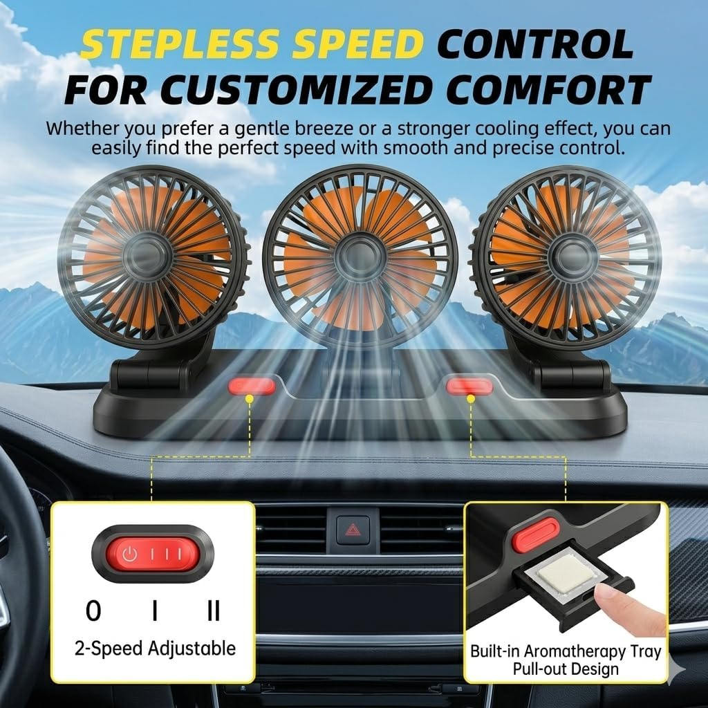 Triple-Head Fan for Car, Portable 3-Head Car Cooling Fan, 360° Rotating USB Fan with 2-Speed Adjustable, Powerful Airflow Low Noise, Silent Motor, Durable ABS, for Vehicle RV SUV Truck Sedan