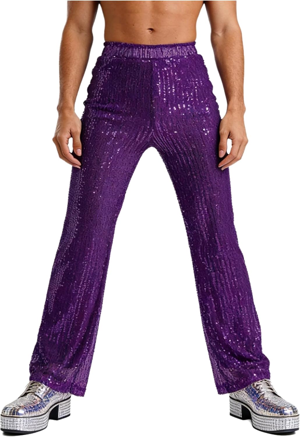 ACSUSS Adult Men Sequins Bell Bottoms Trousers Slim Fit Retro Flared Trousers 60S 70S Rave Pants