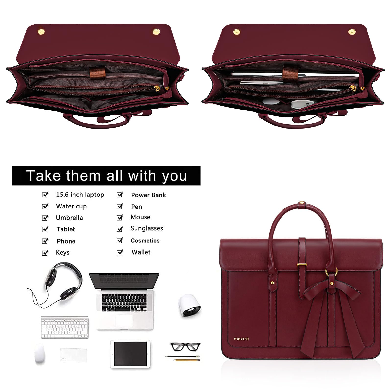 MOSISO Laptop Bag for Women, 15-15.6 inch PU Leather Laptop Shoulder Bags Convertible Backpack, 16 inch Messenger Bags Casual Handbag Work Briefcase Travel Computer Bag with Bowknot, Black: Wine Red 14 inch