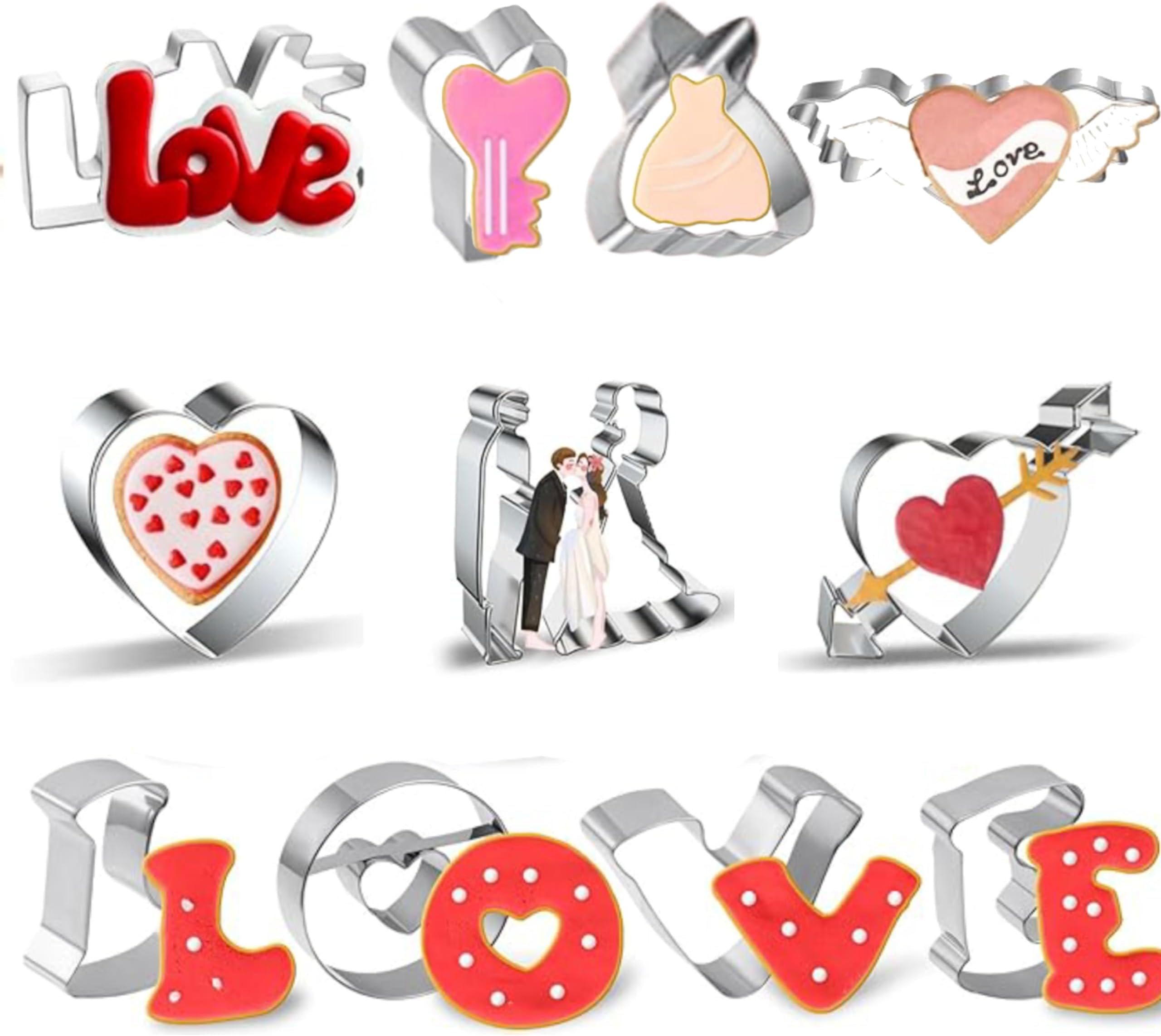 NESLIN Valentine's Day Cookie Cutters, 12pcs Stainless Steel Romantic Cookies Cutter includes Arrowed Heart, Couple, Heart, I Love You, Keys, Twin Hearts, and Dress Baking Mold Decorations