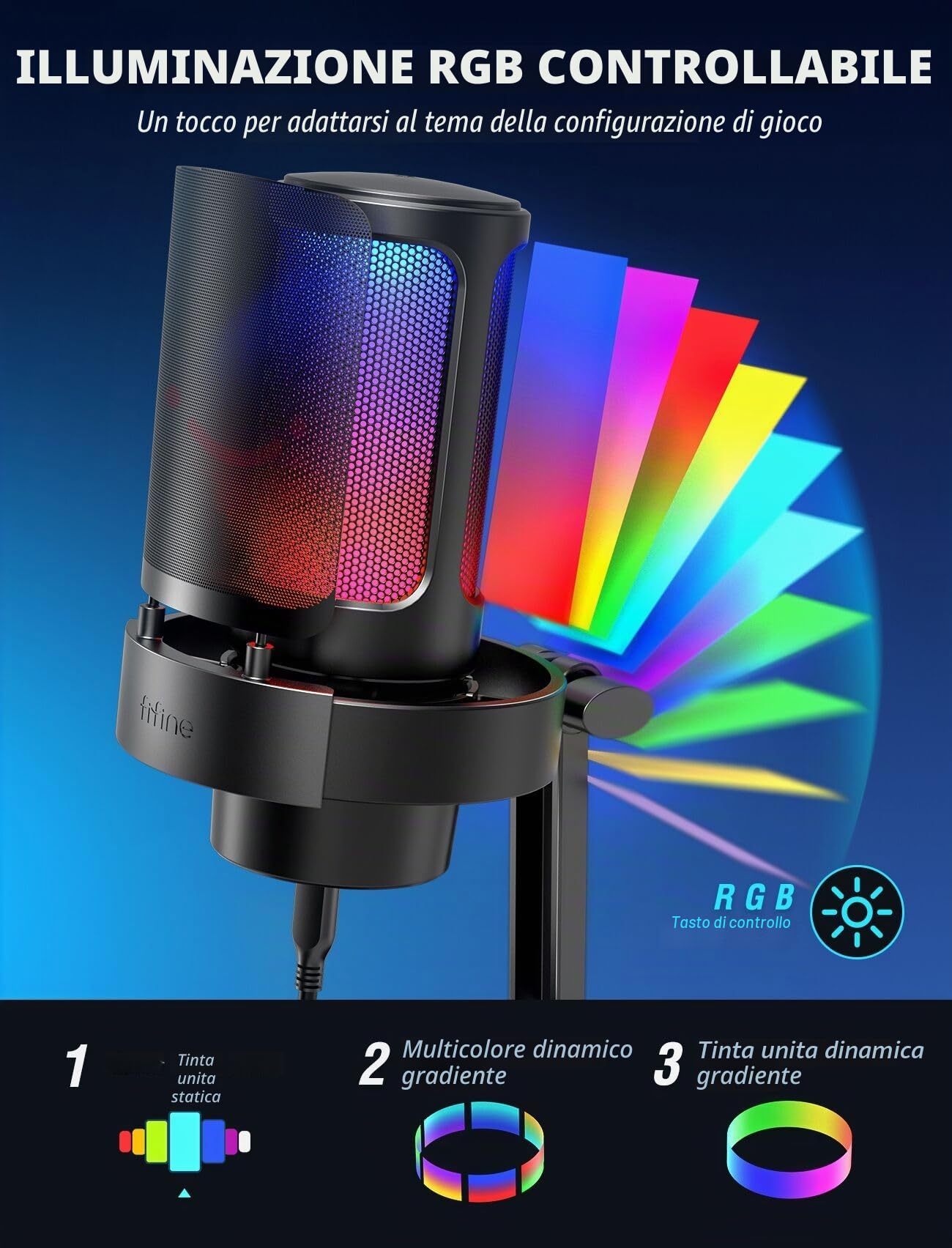 FIFINE USB Microfono per PC Gaming PS4 PS5, RGB Microfono a Condensatore per Streaming, Podcasts, con Controllo RGB, Tocco Muto, Jack per Cuffie e Filtro Anti-Pop