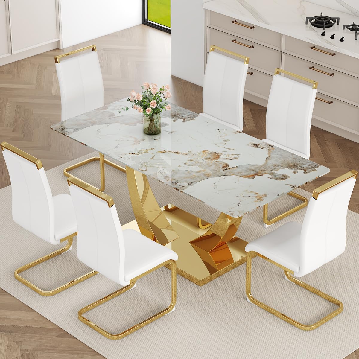 NYEESS Faux Marble Dining Table Set for 6