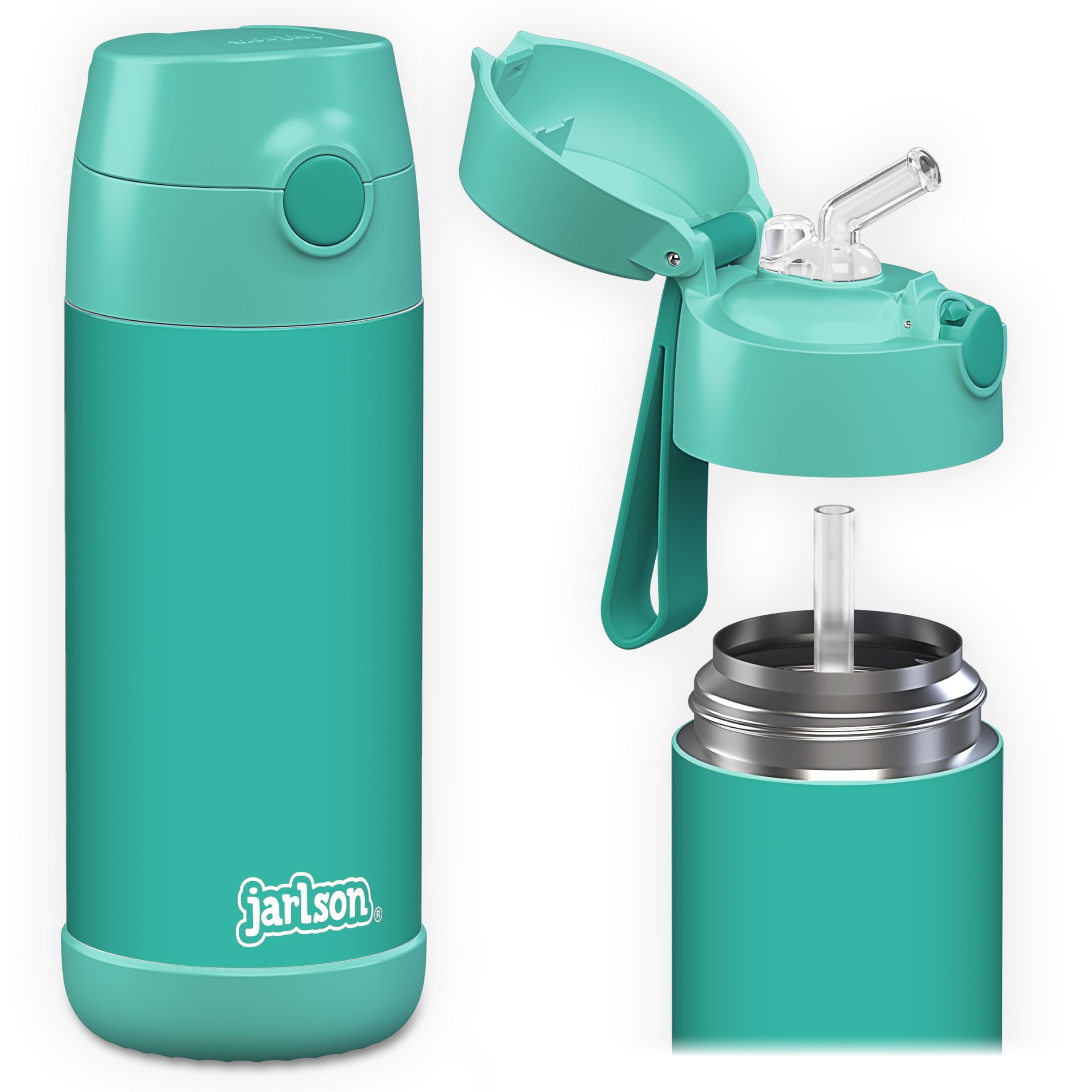 JARLSON Charli Children's Stainless Steel Water Bottle with Straw - Thermos Flask 350 ml - TV Tested - BPA Free - Leak-Proof - Thermal Water Bottle for School, Nursery - Turquoise, 350 ml