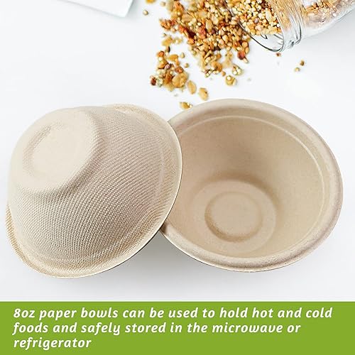 Miniatura 7 de 200 cuencos de papel biodegradables naturales de caña de azúcar de 8 onzas, cuencos de papel compostables para ensalada, sopa caliente, pasta y