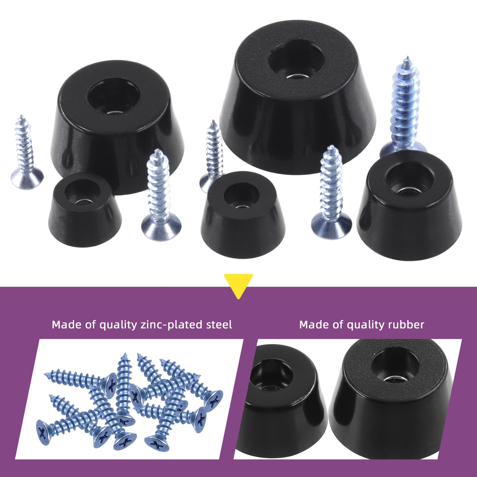 Swpeet 140Pcs Five Sizes 0.47''×0.28'' 0.59''×0.31'' 0.75''×0.43'' 1''×0.51'' 1.18''×0.59'' (W×H) Black Round Rubber Pads Assortment Kit with M3 M4 M5 Screws and Screwdriver Rubber Pads for Furniture - Image 4