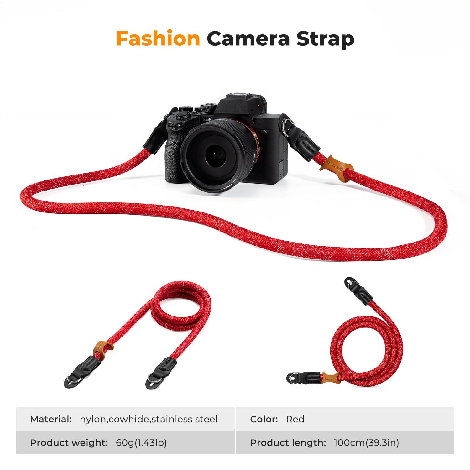 K&F Concept Pasek do aparatu, uniwersalny nylonowy pasek na szyję do aparatu DSLR-100 cm | Nylonowa lina, z o-ringiem do aparatu DSLR, do fotografii ulicznej, BJ01