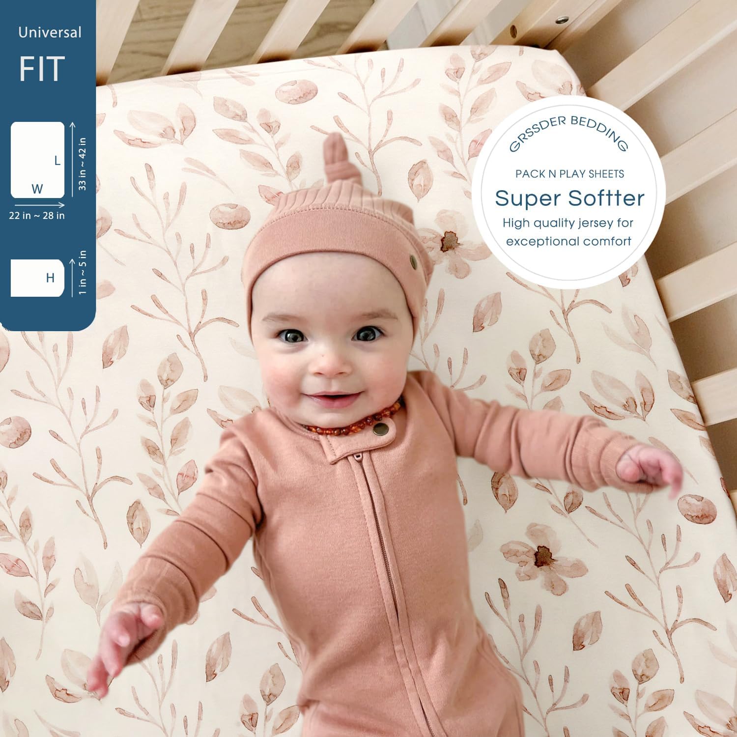 Spannbettlaken, dehnbar, ultraweich, Jersey, 3er-Pack, tragbar, Mini-Kinderbettlaken für Mädchen, universelle Passform, für Pack N Plays, sicher und kuschelig, schönes Blush Pink, Blumenmuster und