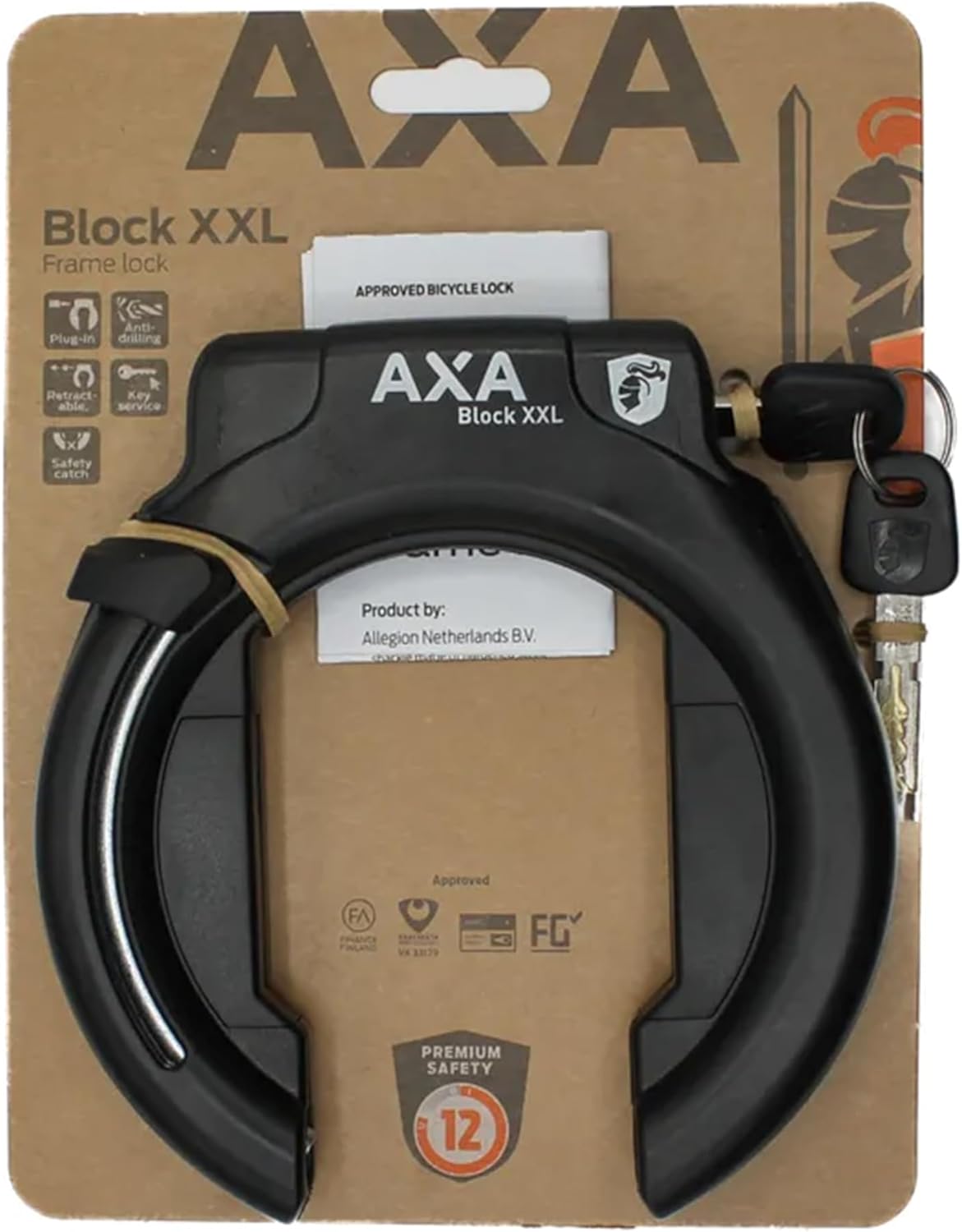AXA Block XXL Ring Bike Lock, Heavy‑Duty Retractable Frame Lock with Extra‑Wide Opening for Bicycles and E‑Bikes