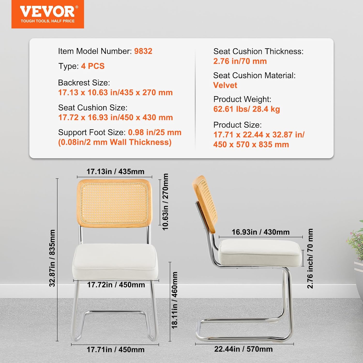 VEVOR Rattan Dining Chairs Set of 4, Mid Century Modern Dining Chair, Upholstered Velvet Accent Chair with Rattan Back, Retro Dining Room Kitchen Chair for Living Room, Bedroom(18.1 Inch)