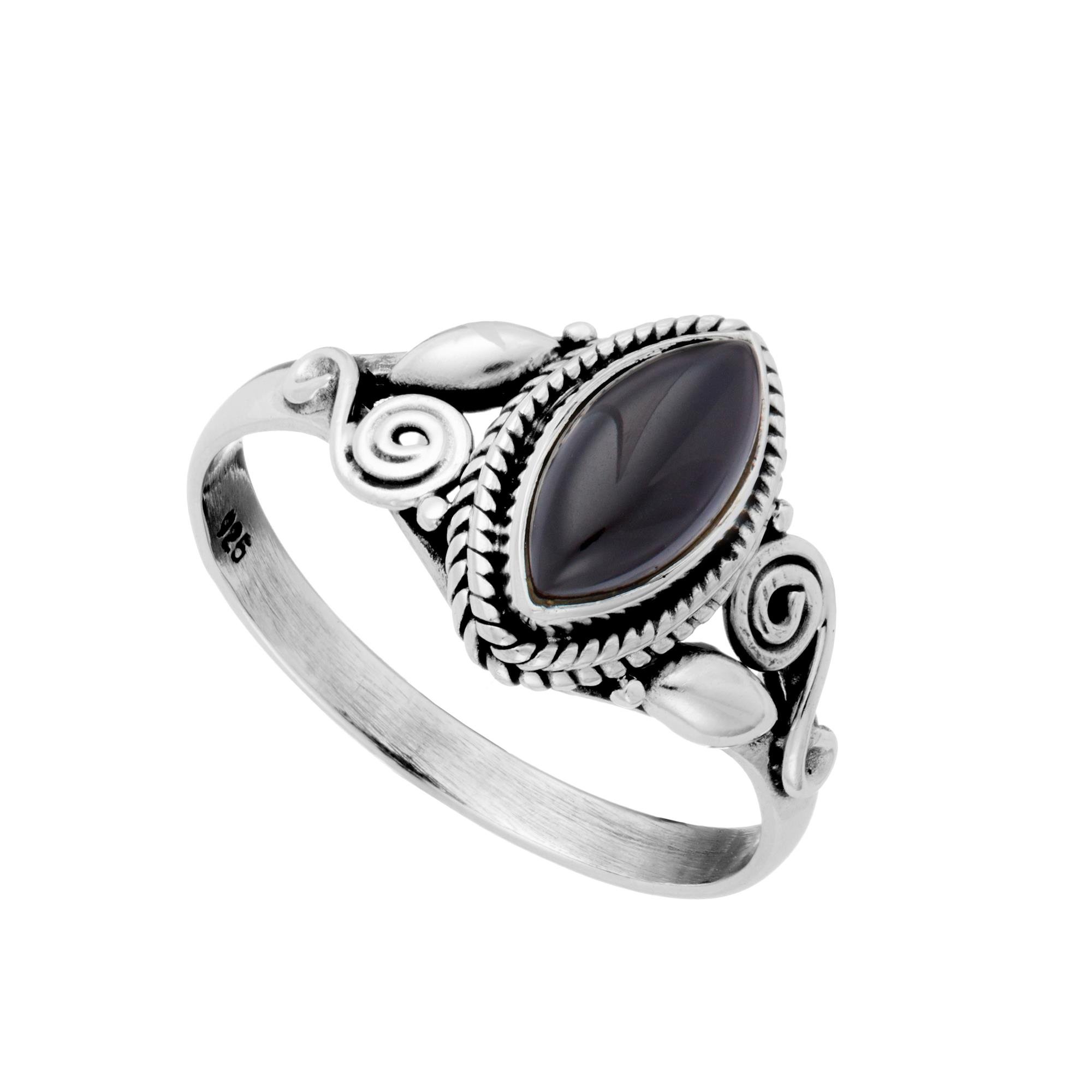 81stgeneration Anillo de Plata de Ley 925 con Cristal de Marquesa de Ónix | Anillo Gótico Negro Estilo Vintage | Diseño Indio en Espiral | Regalos Bohemios con Piedras Natales de Julio