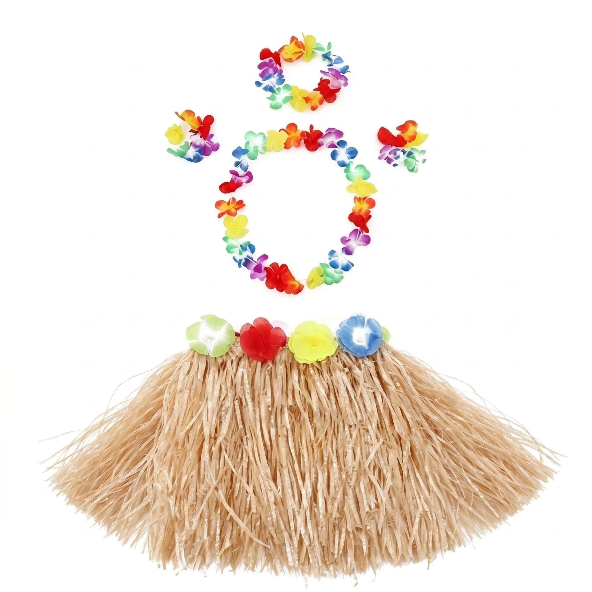 MIGIFTDY 5 Pcs Grass Skirts for Adults with Hawaiian Garland, Flower Necklace & Fancy Dress, Hawaiian Outfits for Women, Luau Grass Skirt & Summer Skirts for Hawaiian Party Decorations