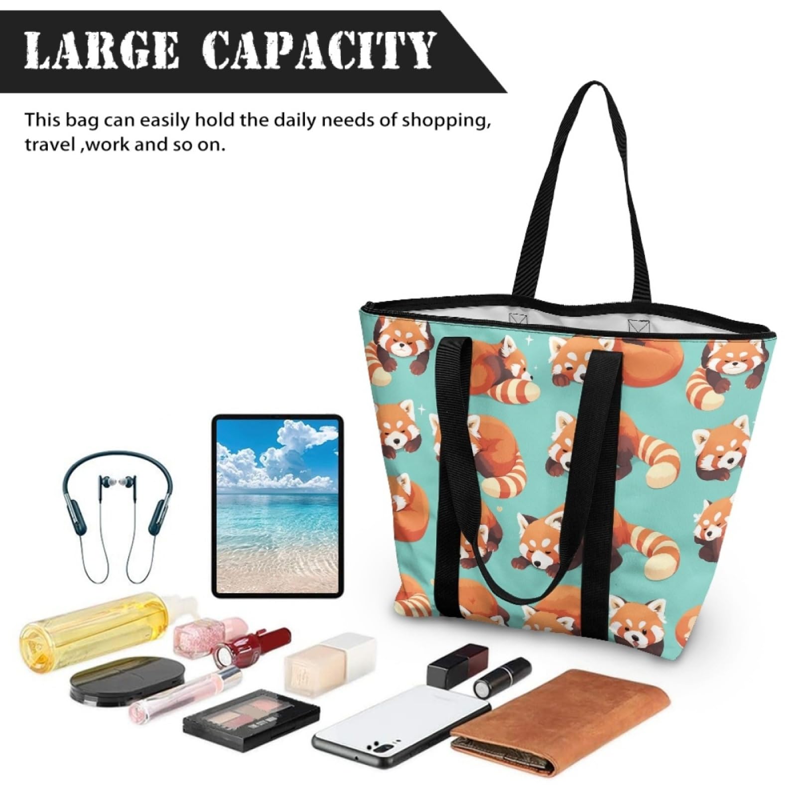 Tote Bag Tela Bolsas de Tela Poliéster Bolso de Mano de Mujer Reutilizable Bolsa Compra Plegable Tote Bag Cremallera Bolso Viaje Duradero Totebag
