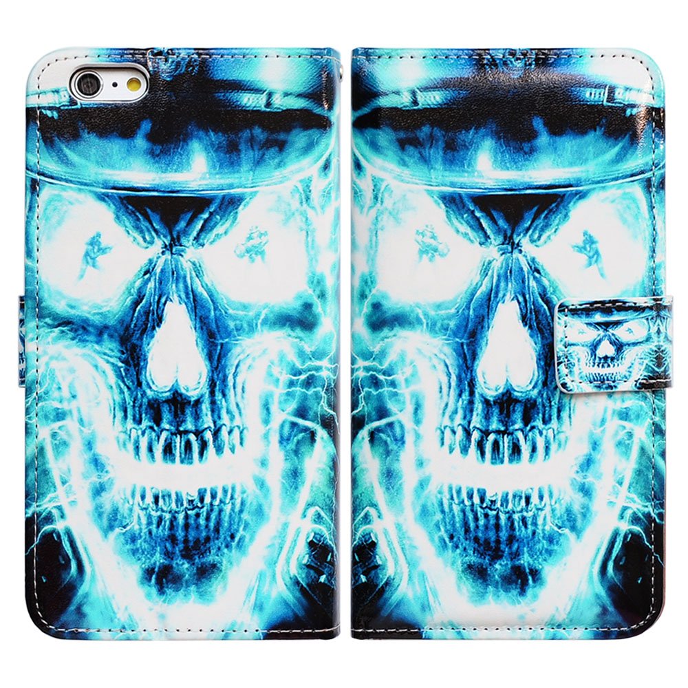BFUN iPhone 6 Case, iPhone 6s Case,Bcov Blue Fire Skull Pattern Flip Case Wallet Leather Cover Case with ID Credit Card Slot Holder Stand for iPhone 6 6S