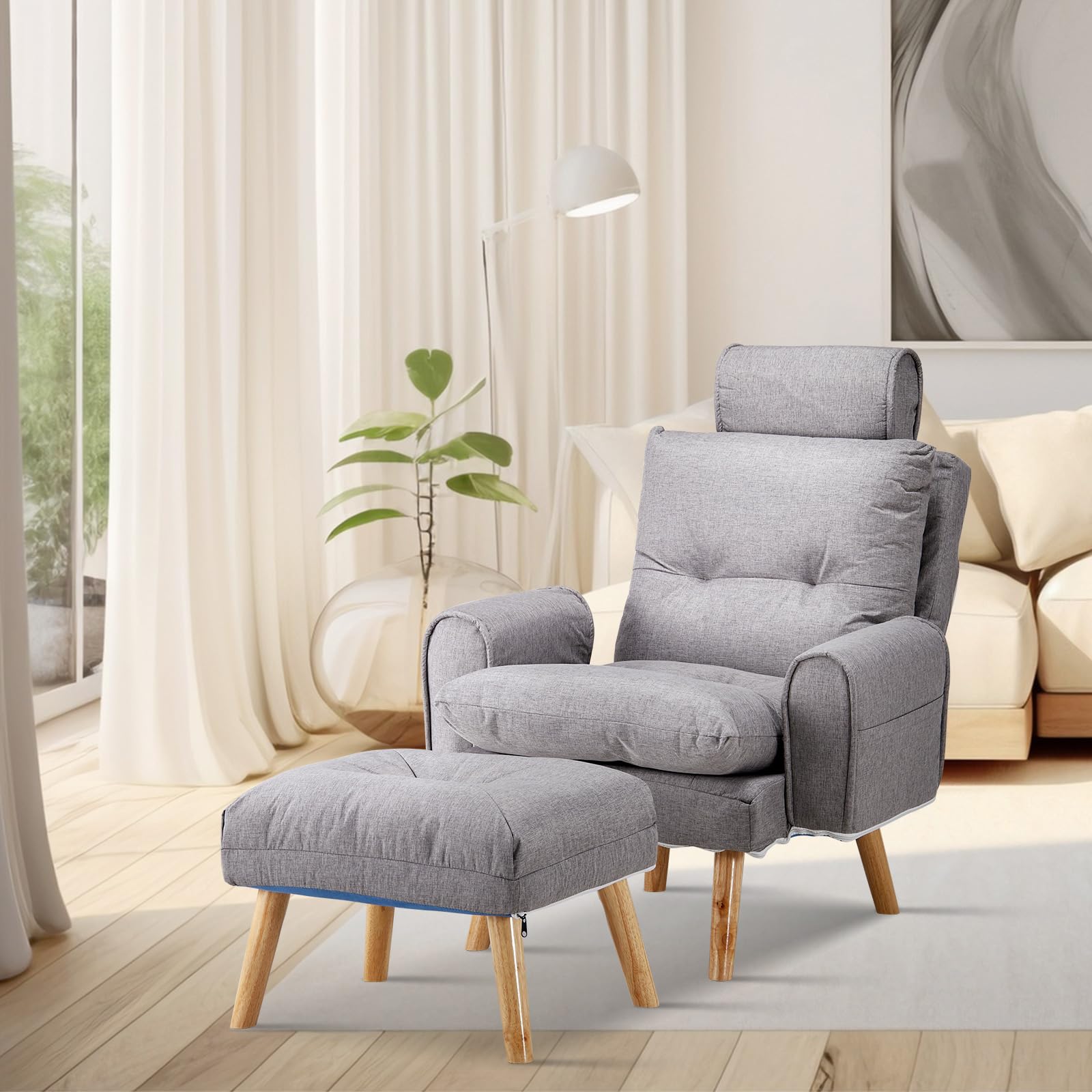 CLIPOP Relaxsessel mit Hocker Verstellbarer Lesesessel Leinen mit 6 Positionen Extra Dick Gepolsterter Lehnstühle Liegesessel Fernsehsessel Ohrensessel mit Liegefunktion (Grau)