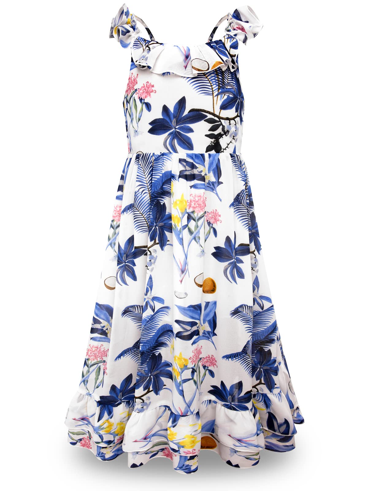 BONNY BILLY Vestito Bambina Ragazza Estivo Casual Hawaiano Spiaggia Lungo Chiffon Floreale Senza Maniche