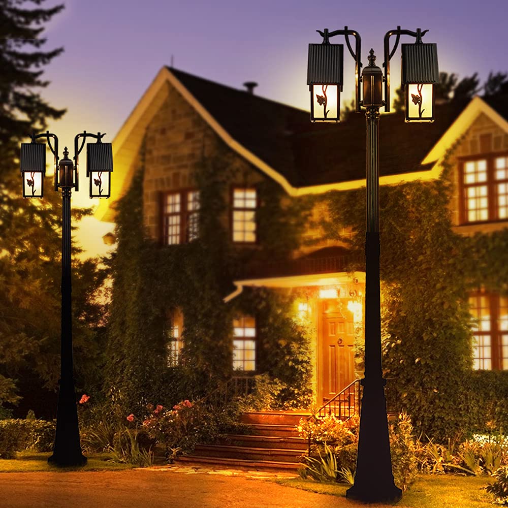 Lamp Post Lights Outdoor,Outdoor Column 2-Lights Black Aluminum Glass Road Lamps Traditional Victorian Exterior Watertight Patio Landscape Street (Height: 2M)