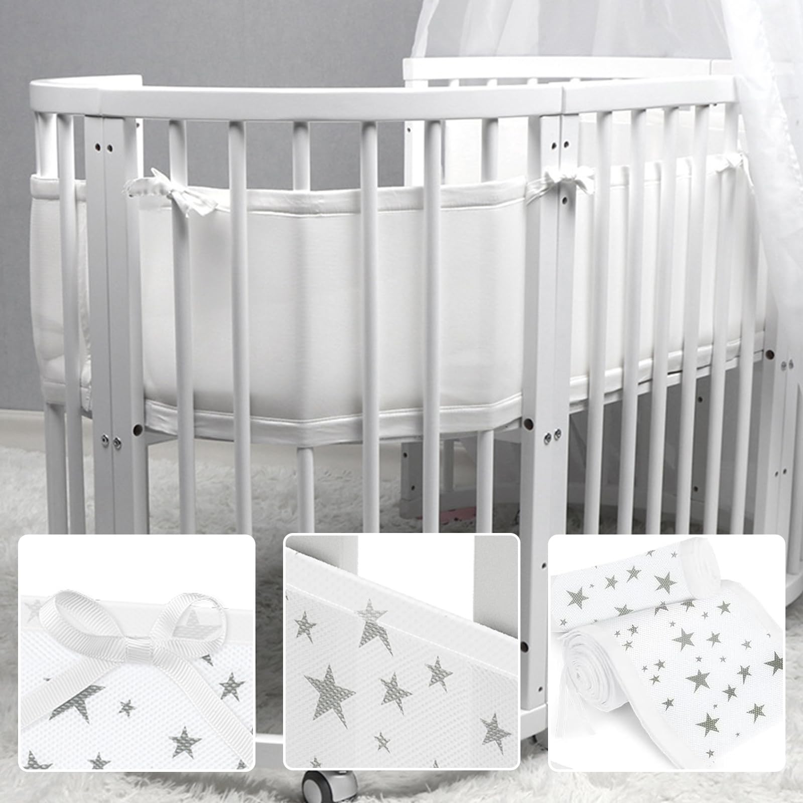 Paracolpi Letto COT In Cotone Traspirante 150x28 Cm – Antisoffoco, Spessore 3 Cm, Con Cinghie E Cerniera, Per Culle E Lettini