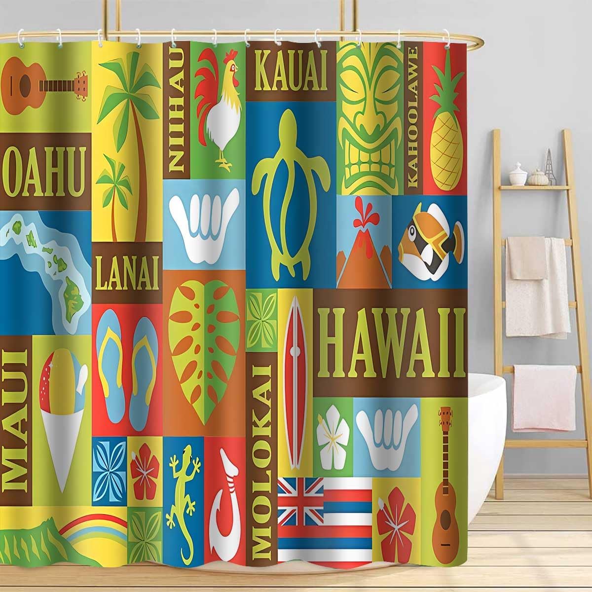 Hawaii Shower Curtain, Retro Hawaiian Exotic Tiki Bathroom Shower Curtains, Tropical Aloha Theme Bathroom Curtains Decor Set with 12 Hooks, 72x72inch YLOKTP0634