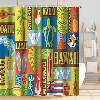 Hawaii Shower Curtain, Retro Hawaiian Exotic Tiki Bathroom Shower Curtains, Tropical Aloha Theme Bathroom Curtains Decor Set with 12 Hooks, 72x72inch YLOKTP0634 - Buy now