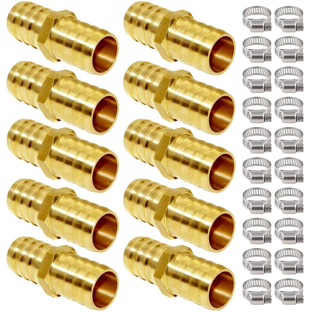 Joywayus 3/4" ID Hose Barb Fitting Hex Union Brass Adapter Water/Fuel/Air(Pack of 10)