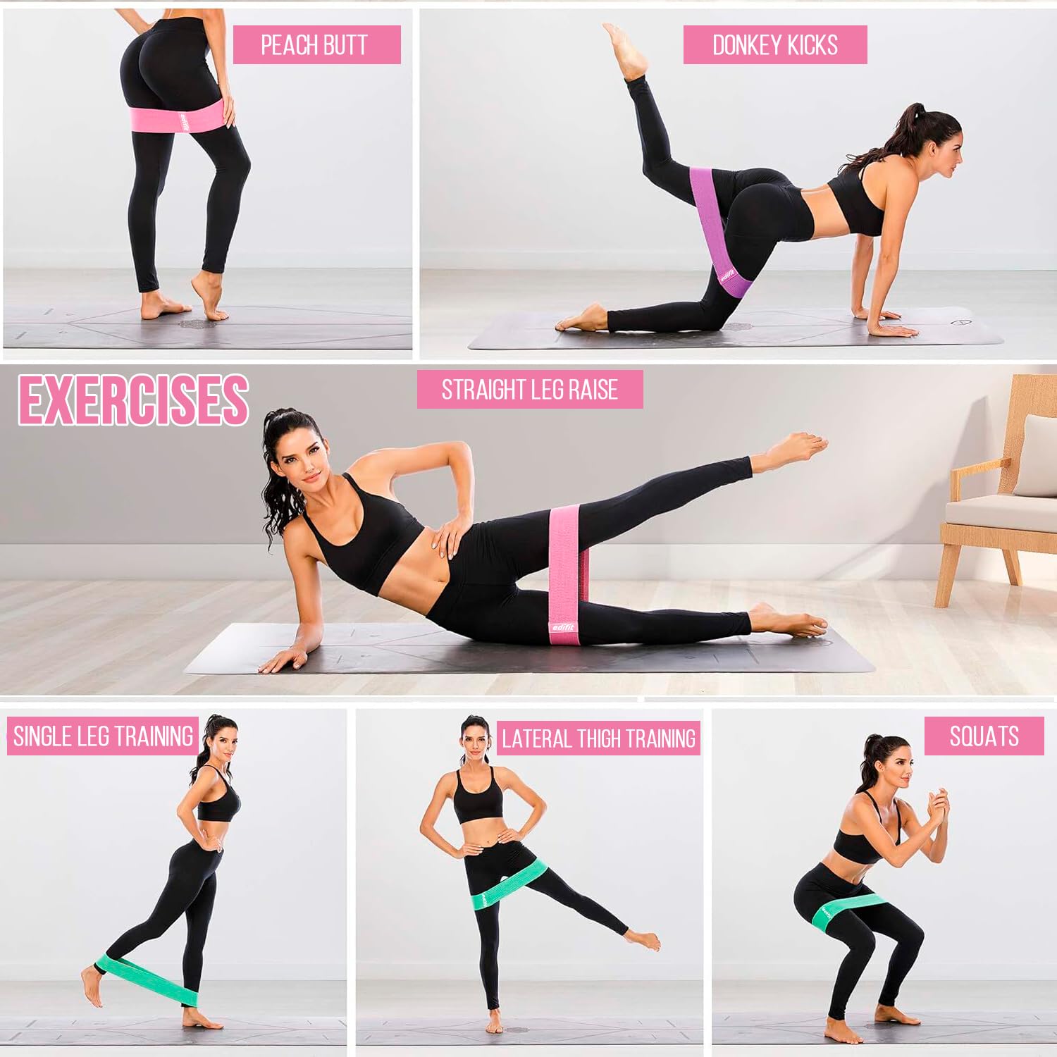 Edifit Bandes Élastiques Musculation Anti-dérapantes Pack de 3 Résistance Fitness Gym Yoga