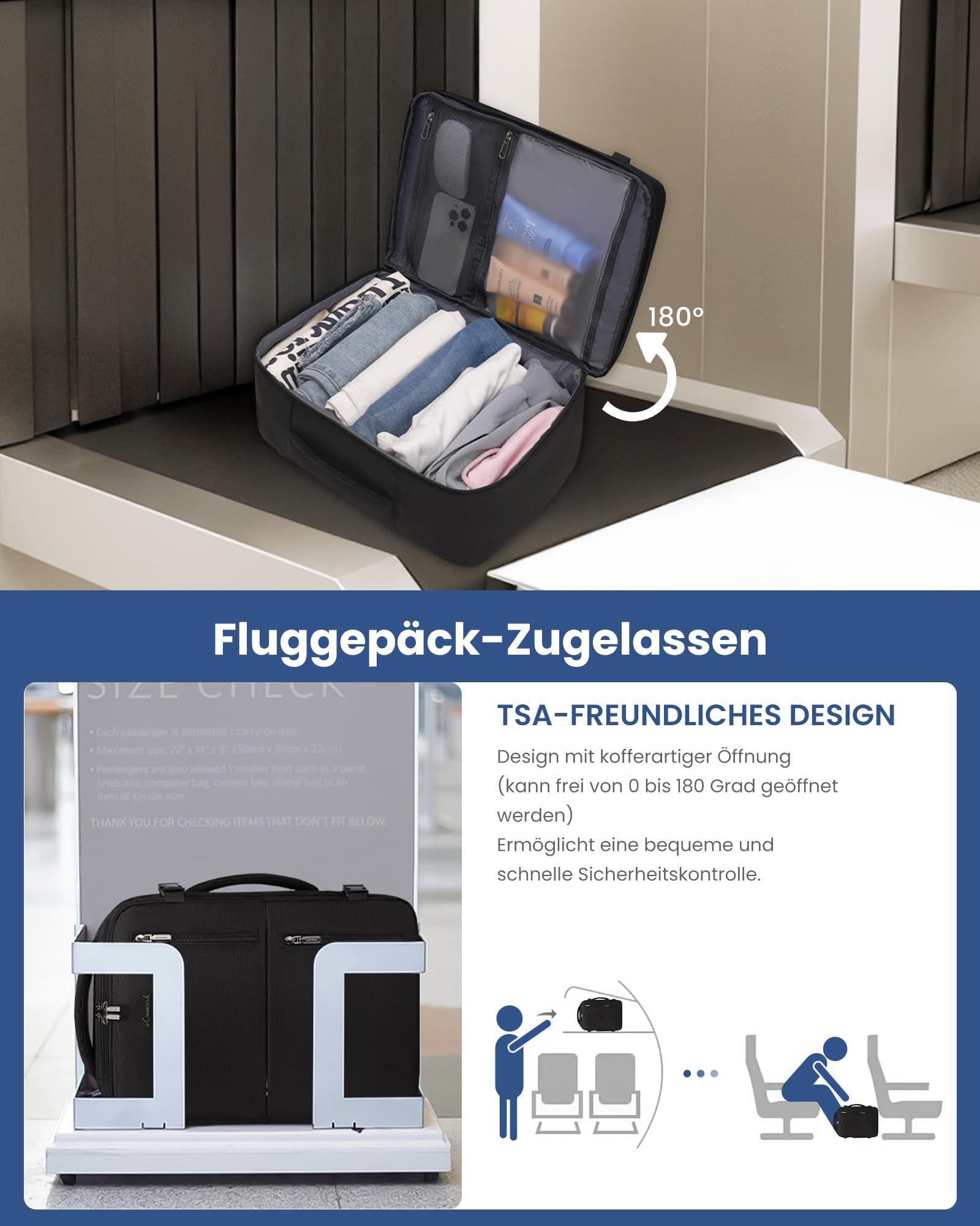 LOVEVOOK Handgepäck Rucksack 40x30x20, Reiserucksack Flugzeug Damen Herren, Carry On Luggage Travel Backpack 24l für 14 Zoll Laptop, Cabin Kofferrucksack mit USB für Arbeit Business Reisen, Schwarz